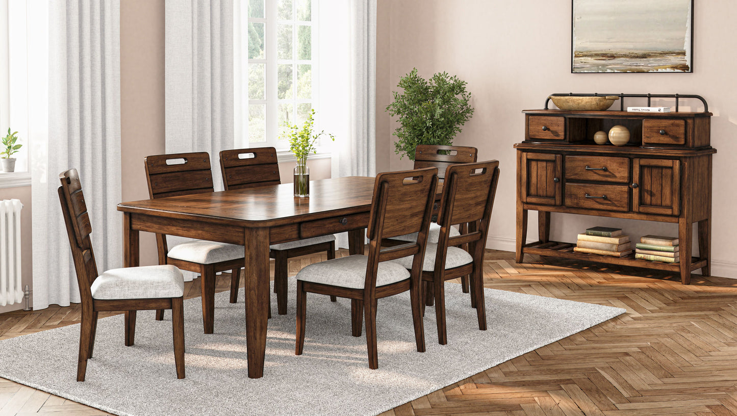 Dark wood dining table with upholstered chairs