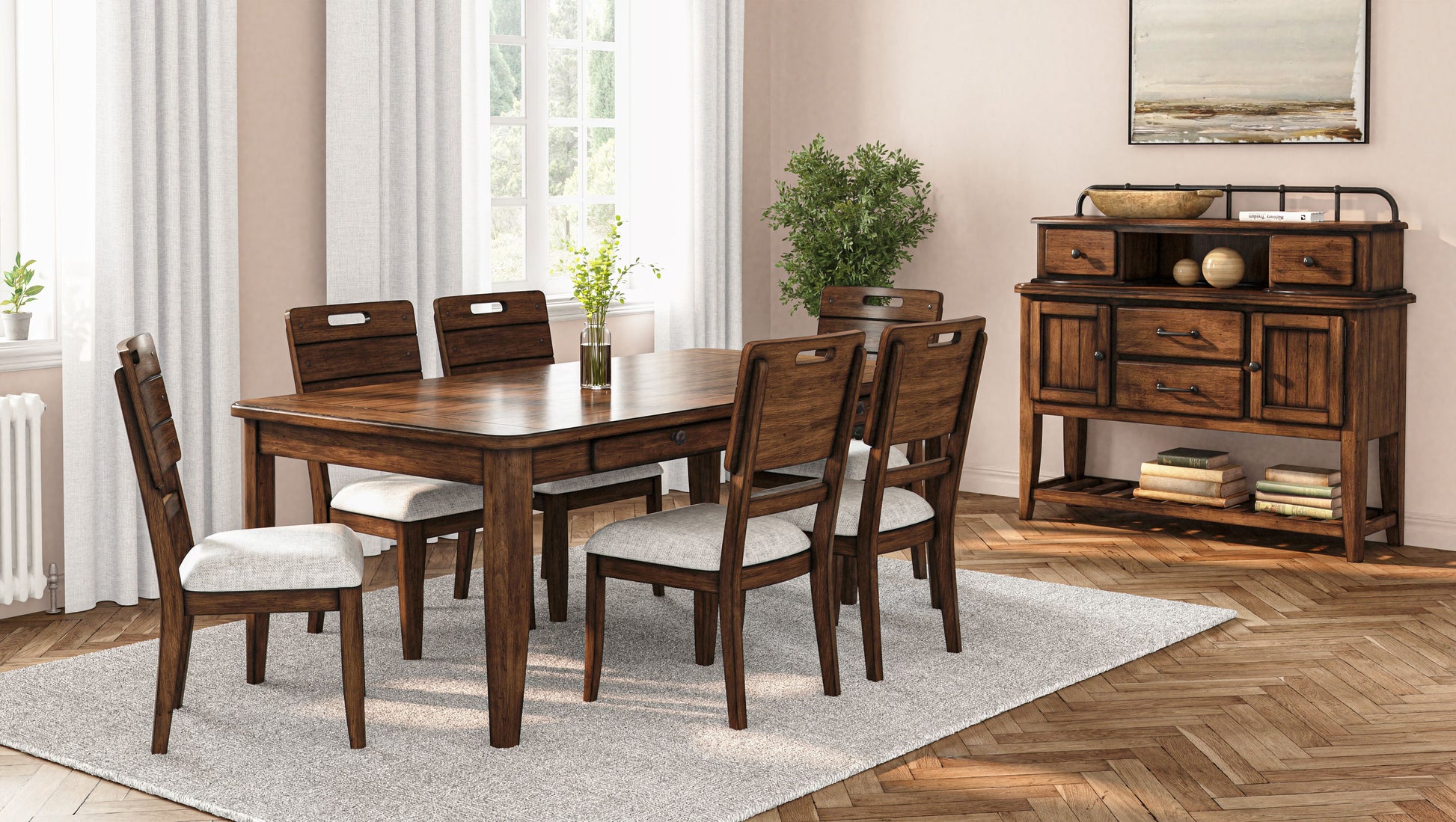 Dark wood dining table with upholstered chairs