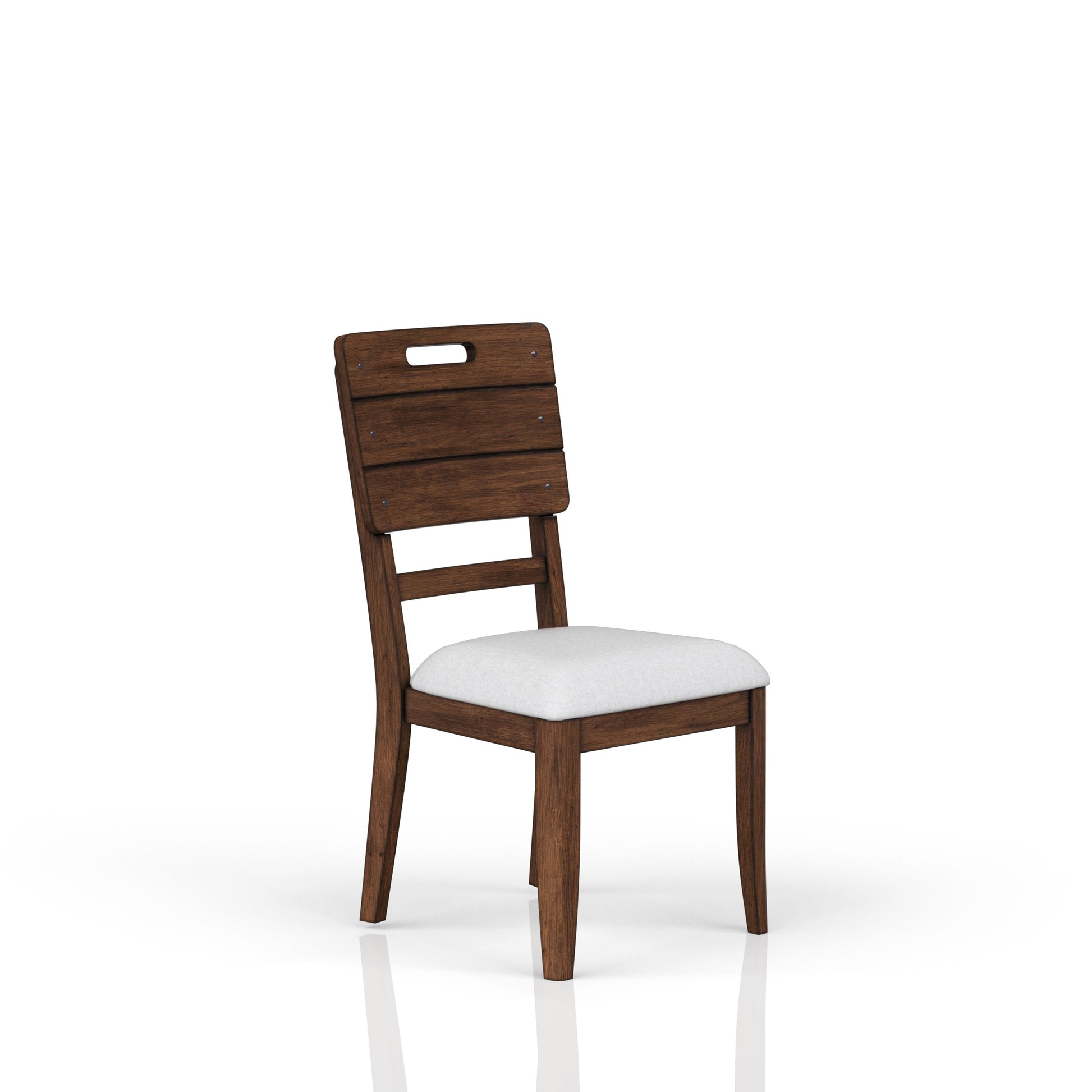 Dark wood dining chair with white upholstered seat and slatted back