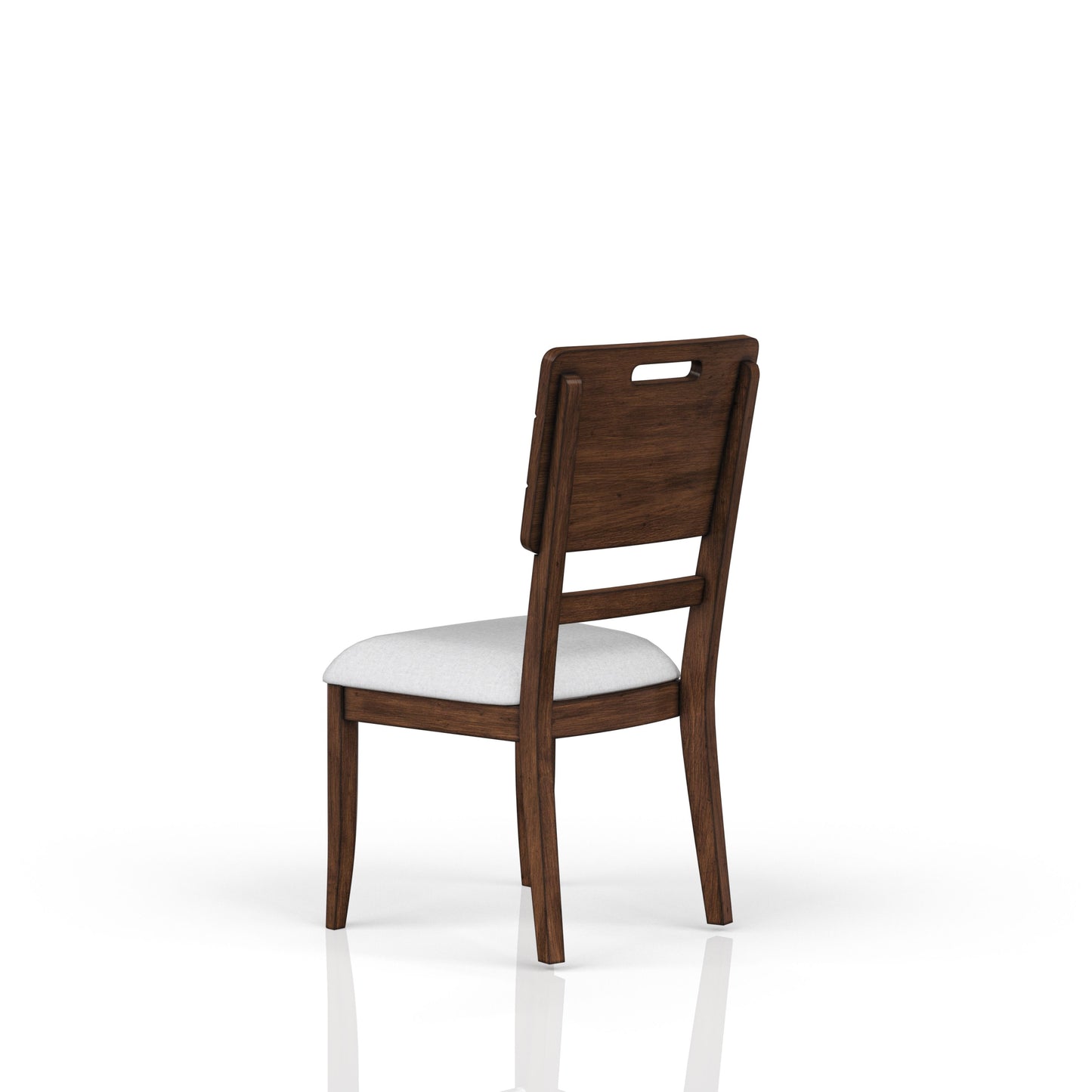 Dark wood dining chair with light gray upholstered seat and carved back