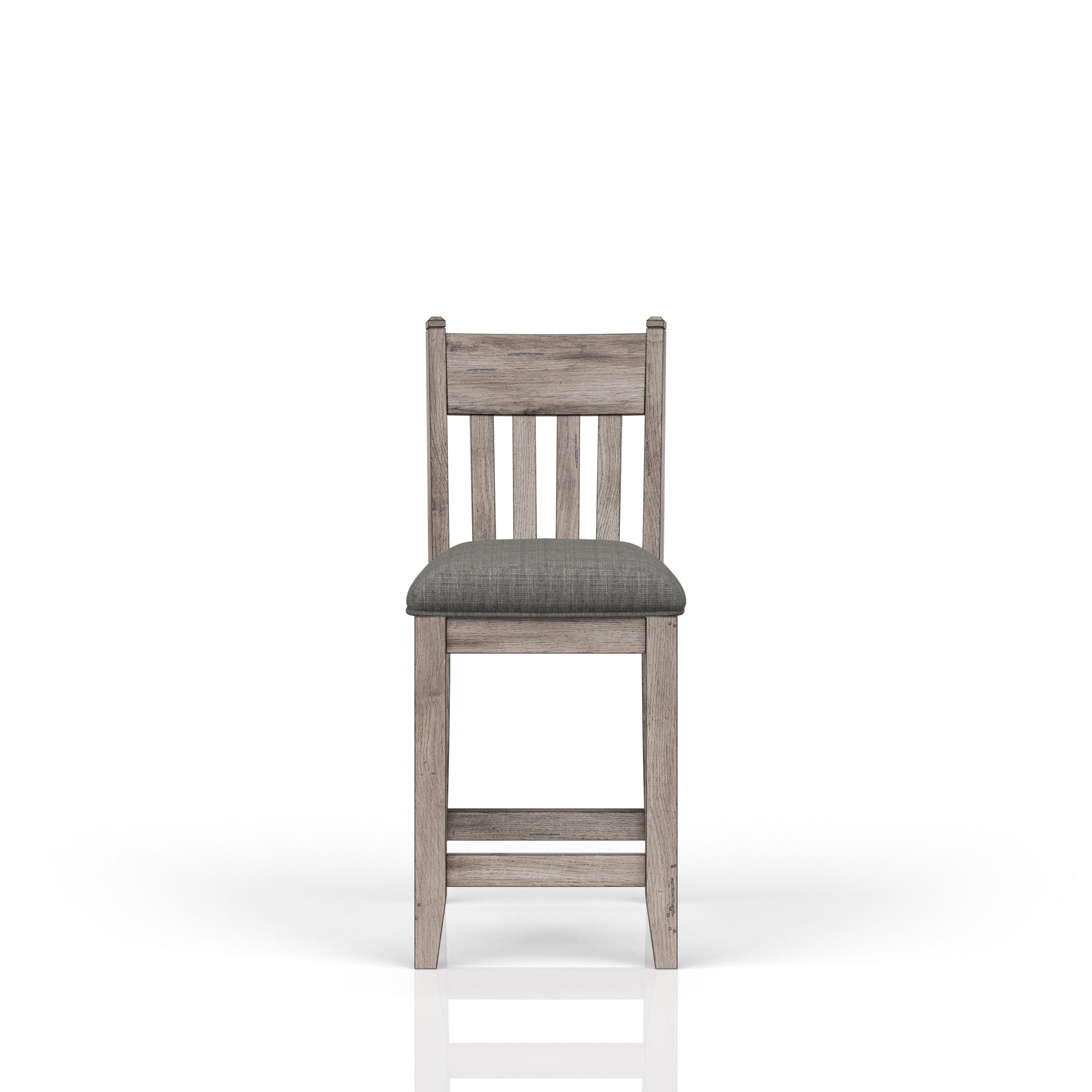 Rustic oak wood counter stool with grey upholstered seat