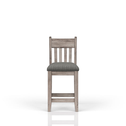 Rustic oak wood counter stool with grey upholstered seat