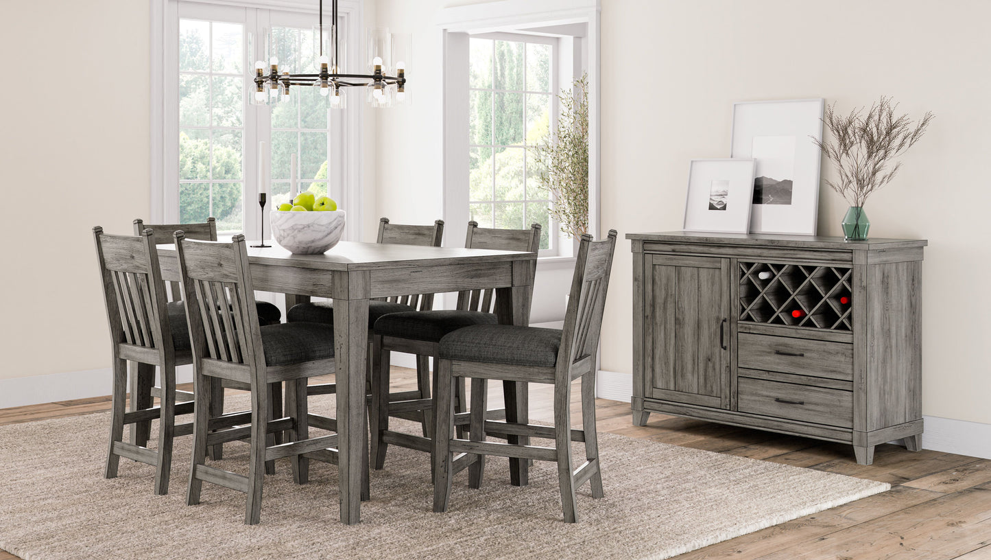 Grey wood dining set with six chairs and wine cabinet