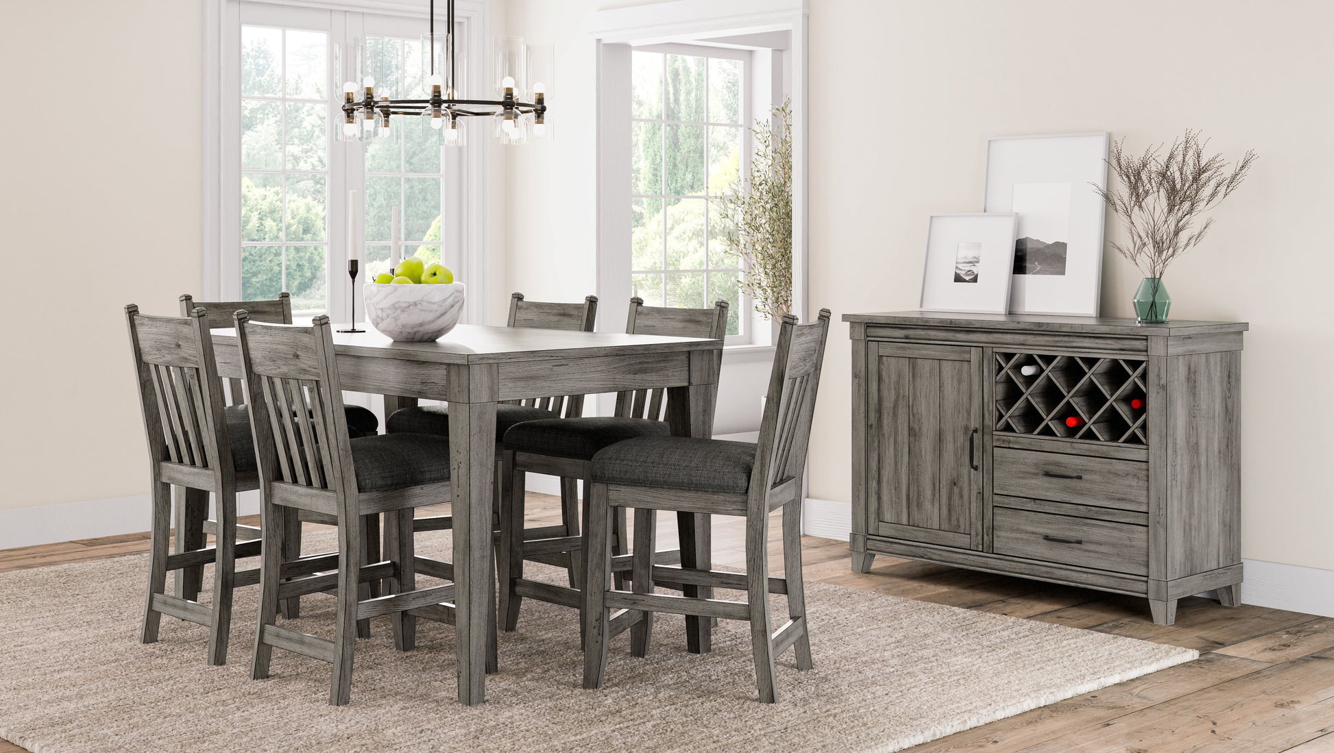 Grey wood dining set with six chairs and wine cabinet
