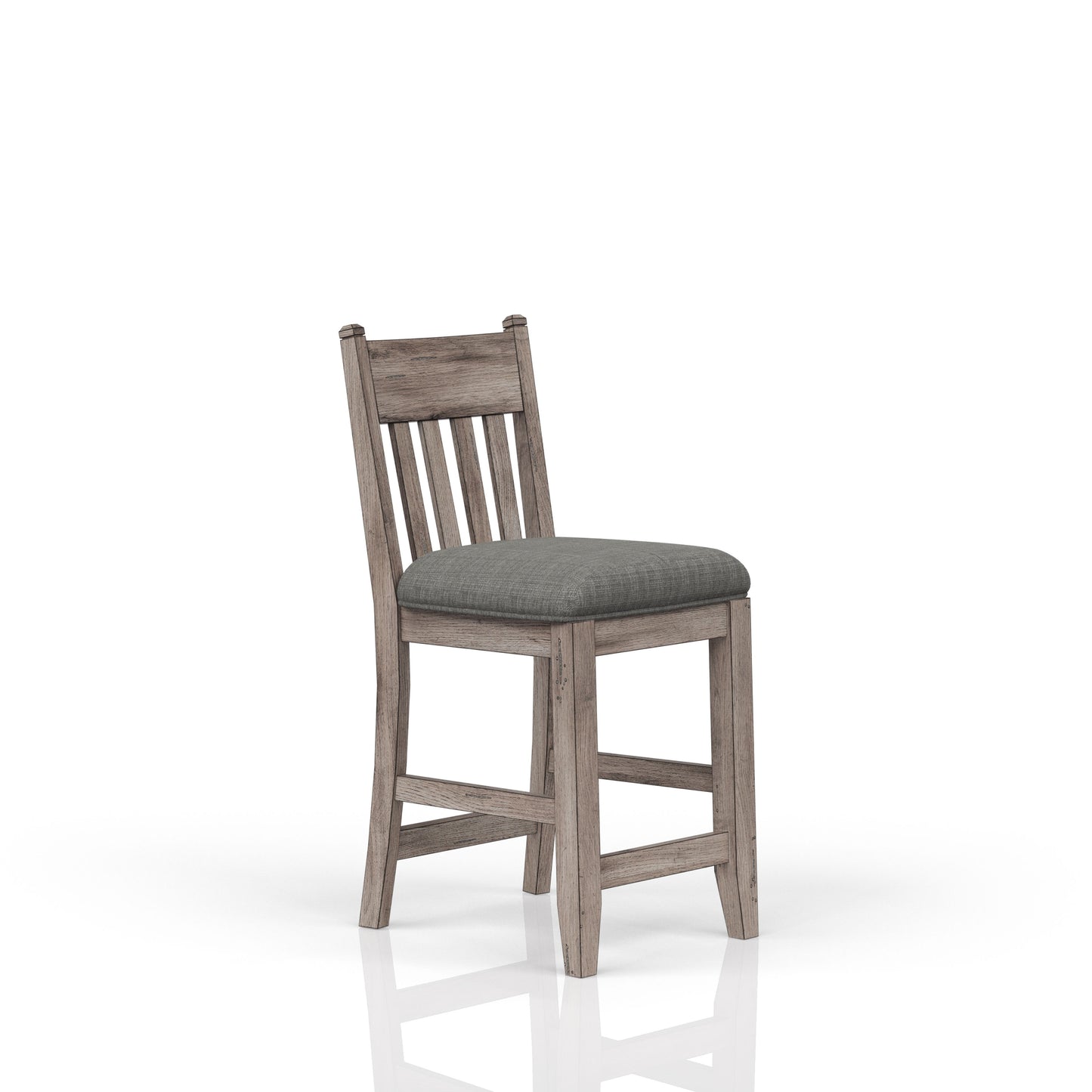 Rustic grey wood counter stool with upholstered grey seat