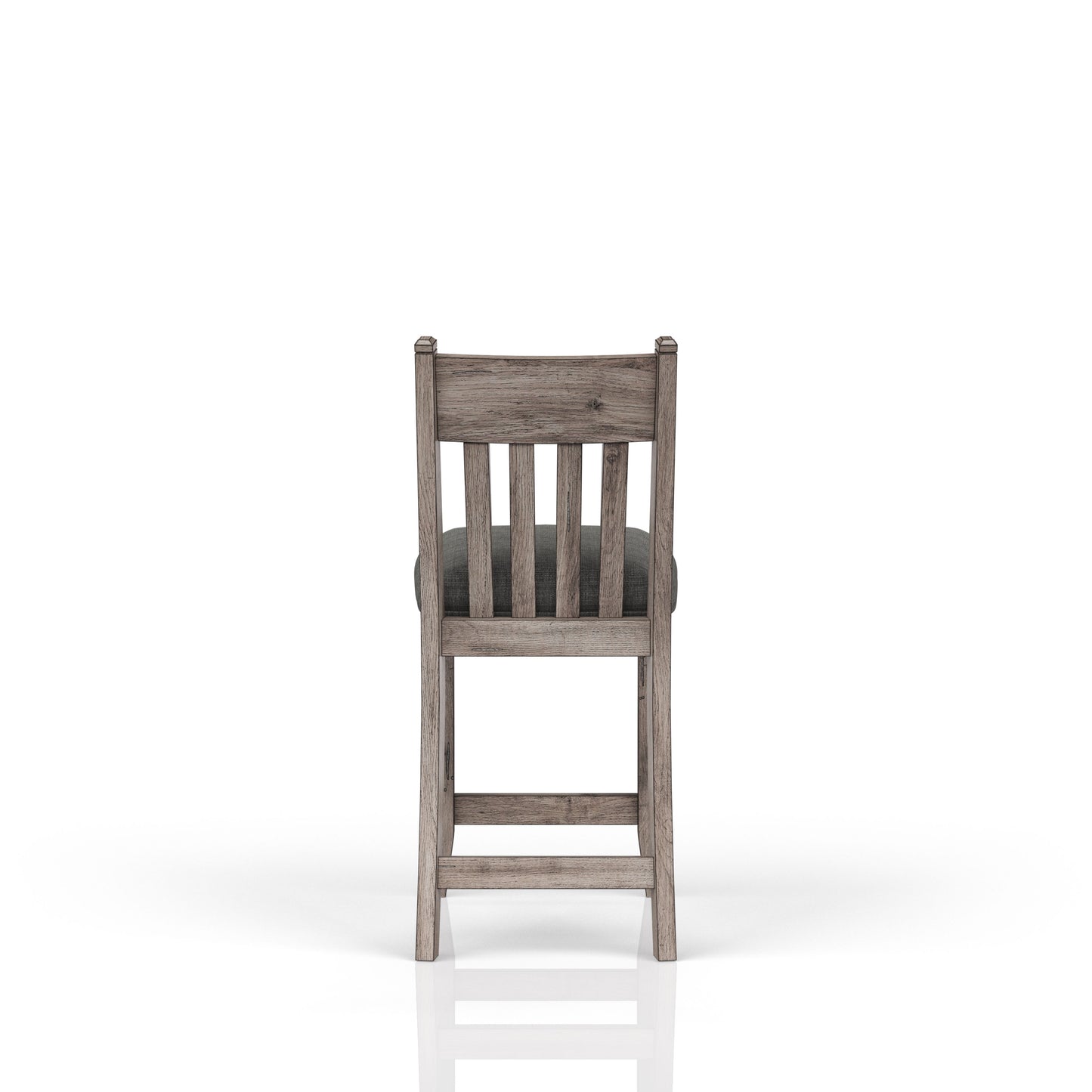Rustic gray wooden bar stool with upholstered seat