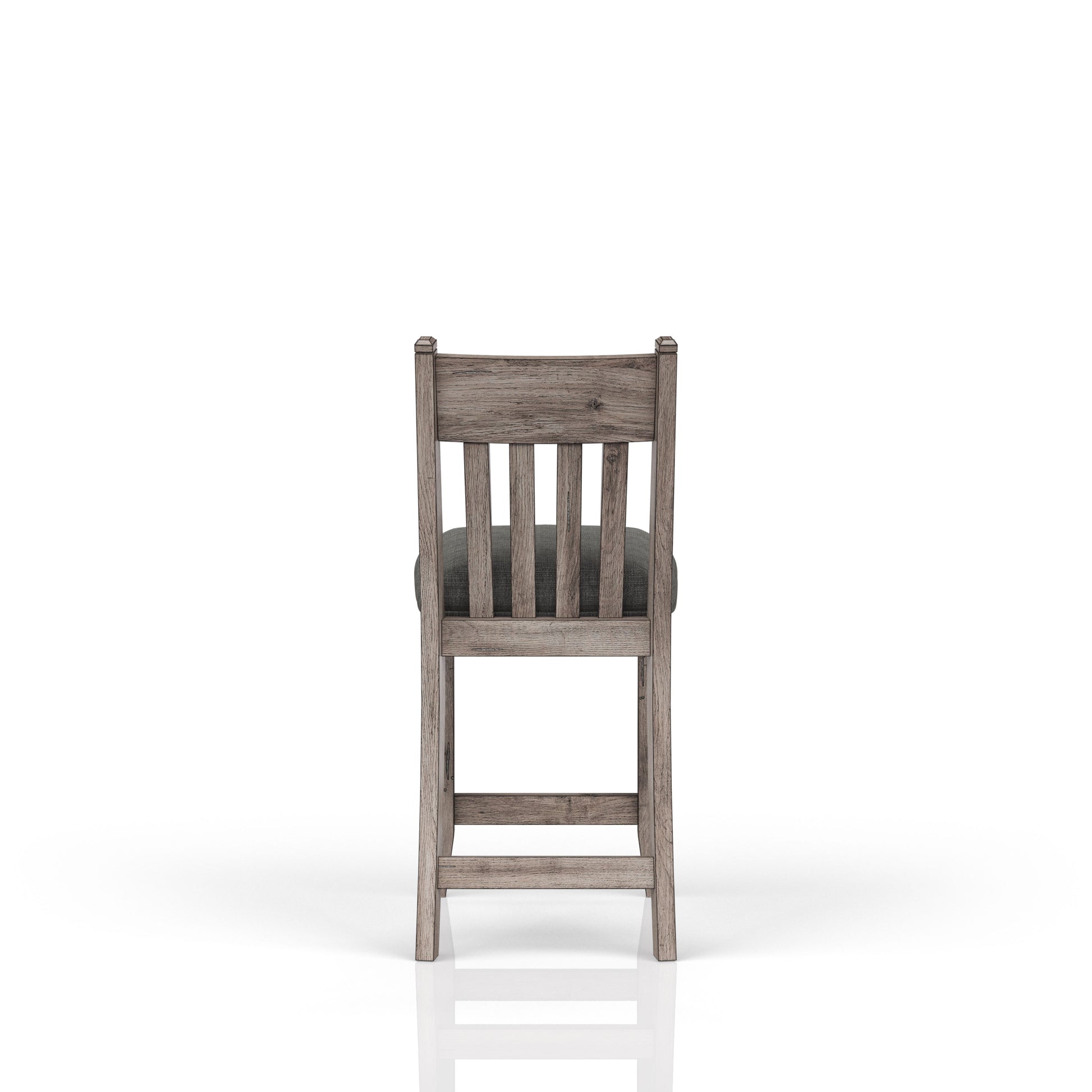 Rustic gray wooden bar stool with upholstered seat
