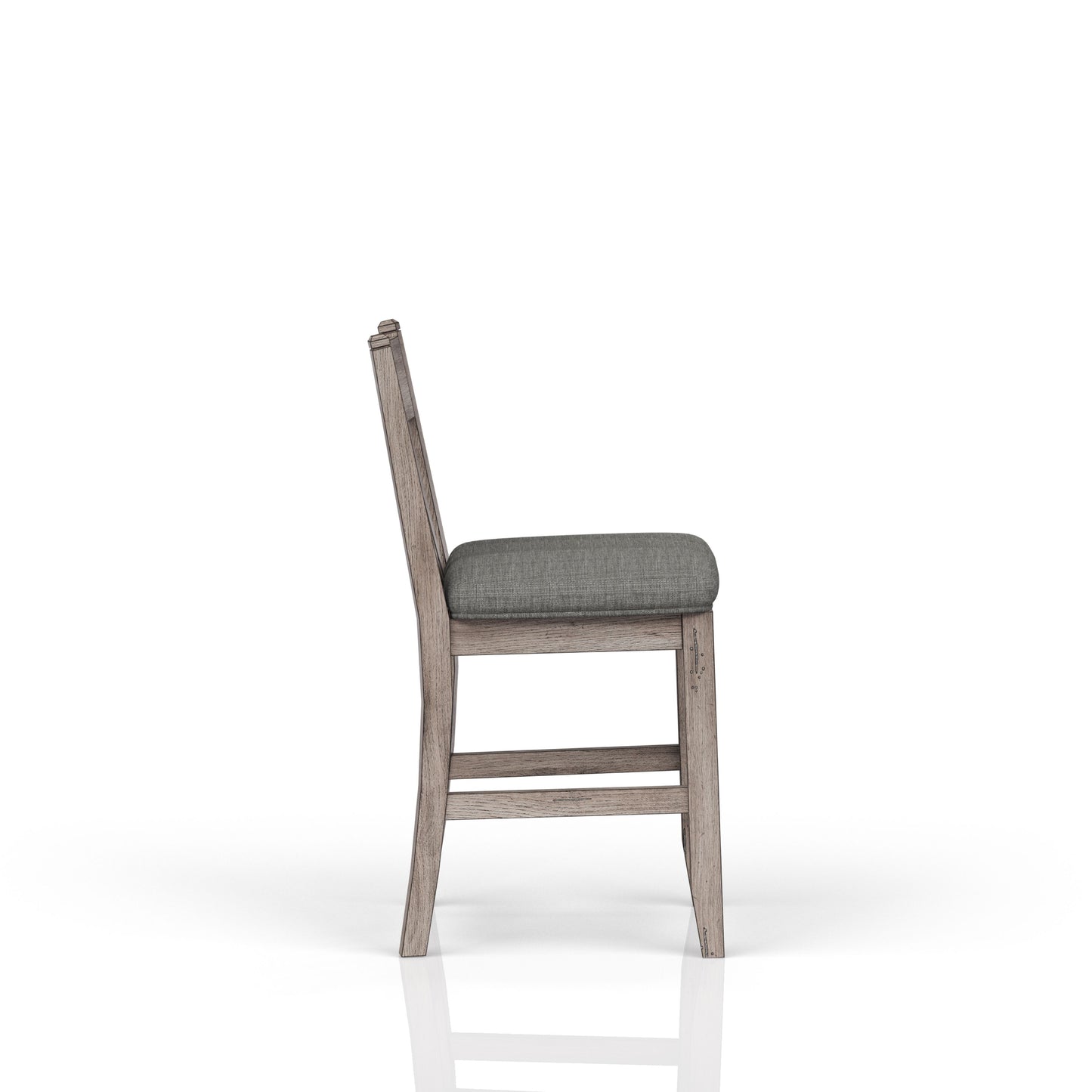 Rustic wood counter stool with grey upholstered seat