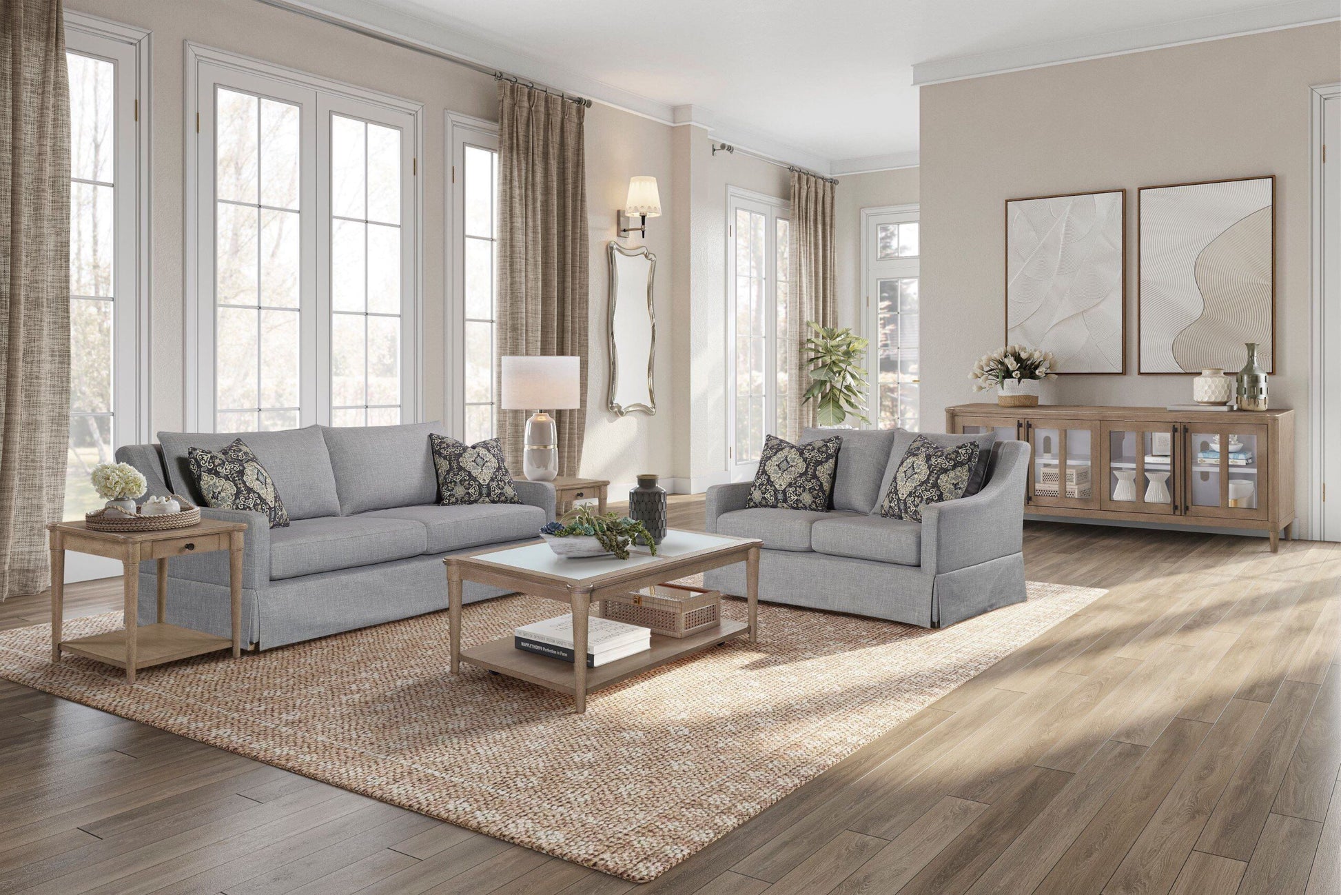 Gray fabric sofa with decorative pillows for living room comfort