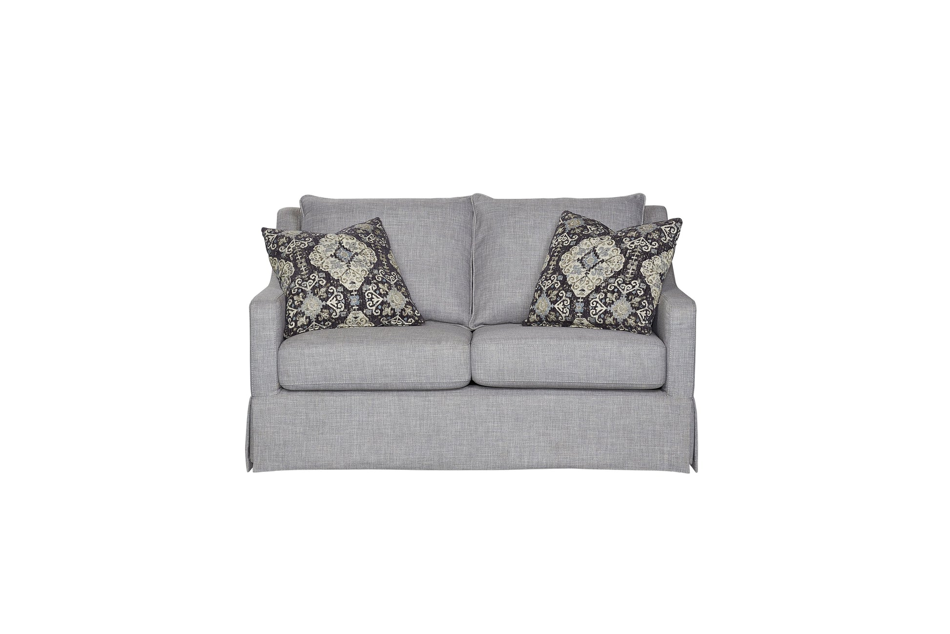 Gray fabric loveseat with damask throw pillows