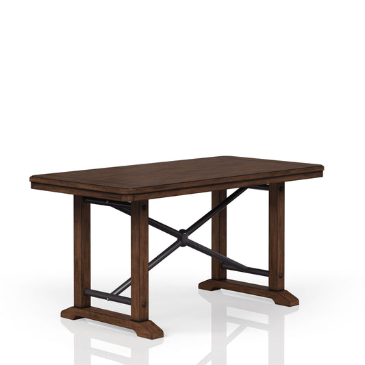 Dark wood dining table with black metal crossbrace base
