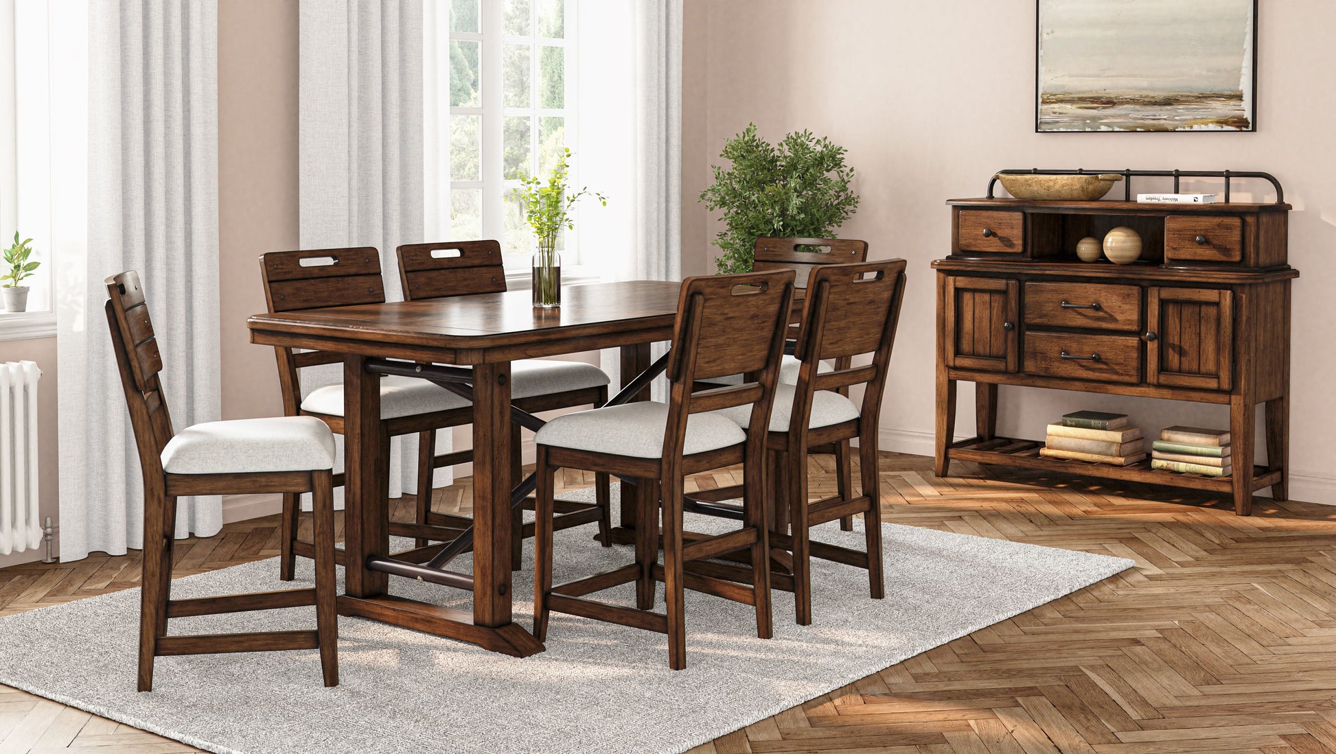 Rustic solid wood dining table with four upholstered chairs