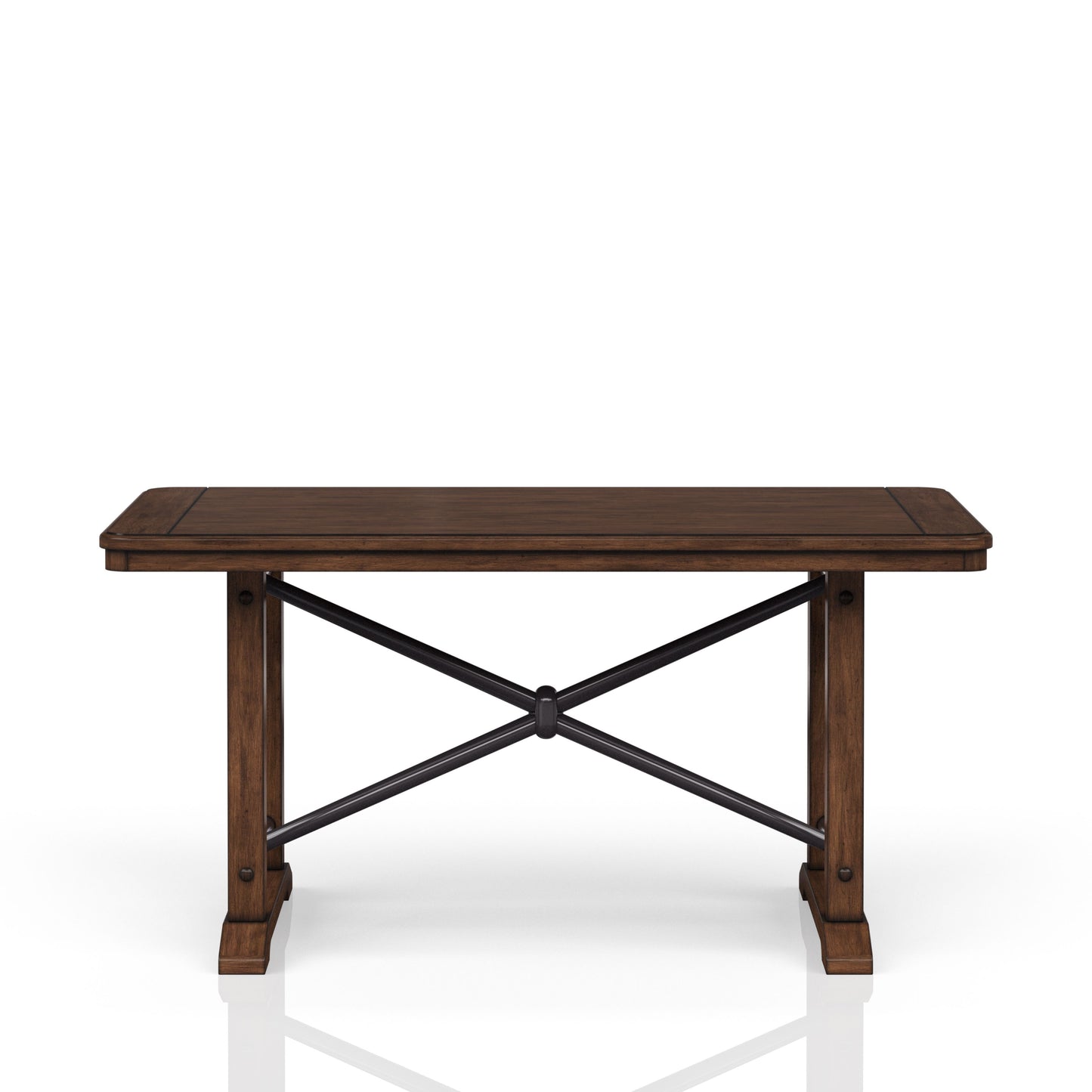 Dark wood dining table with black metal Xframe legs
