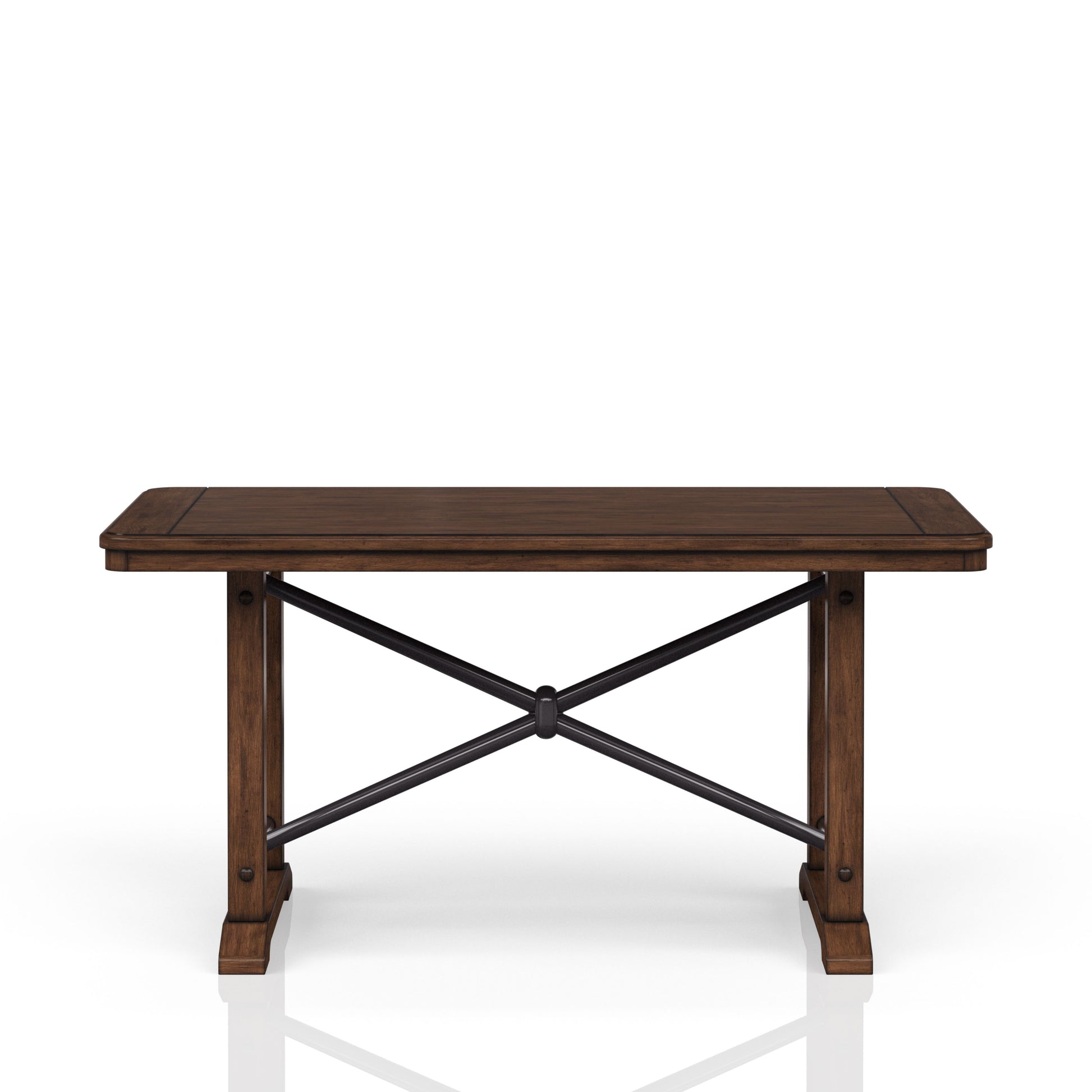 Dark wood dining table with black metal Xframe legs