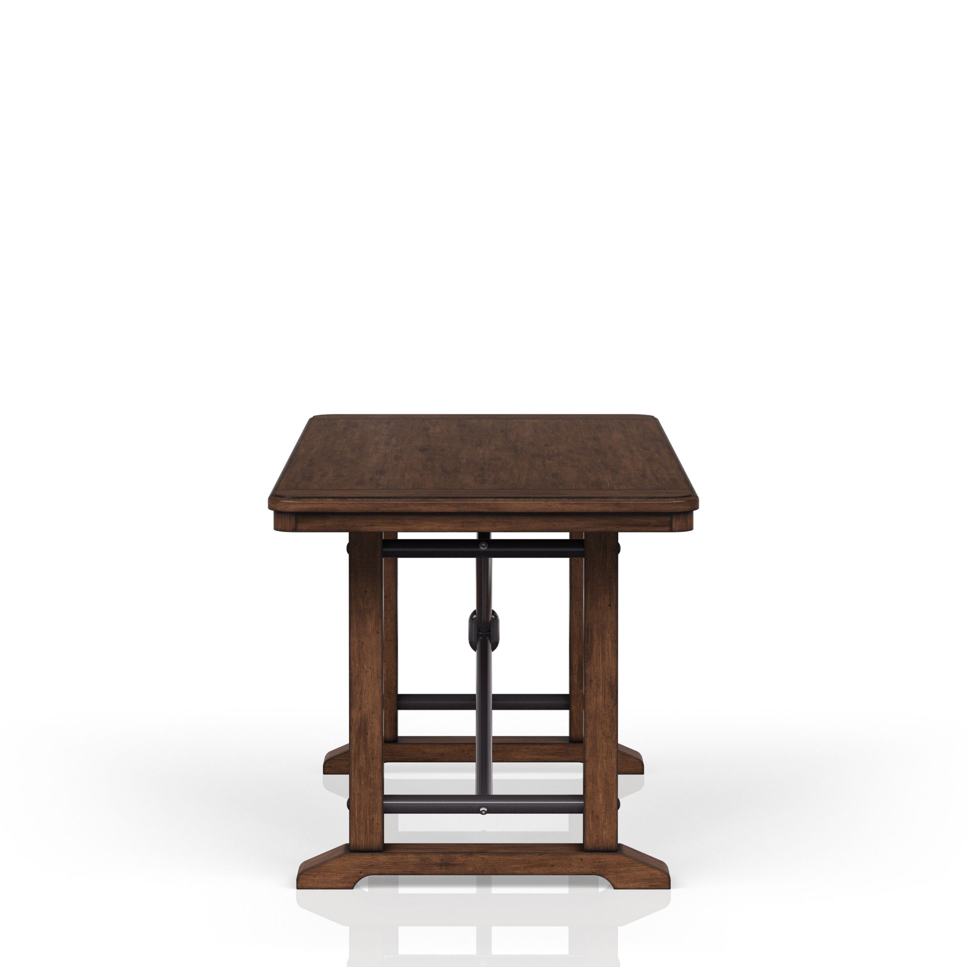 Dark wood dining table with industrial metal legs
