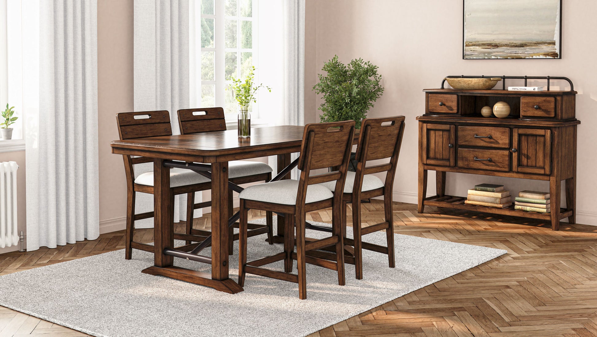 Rustic oak counterheight dining table with four upholstered chairs