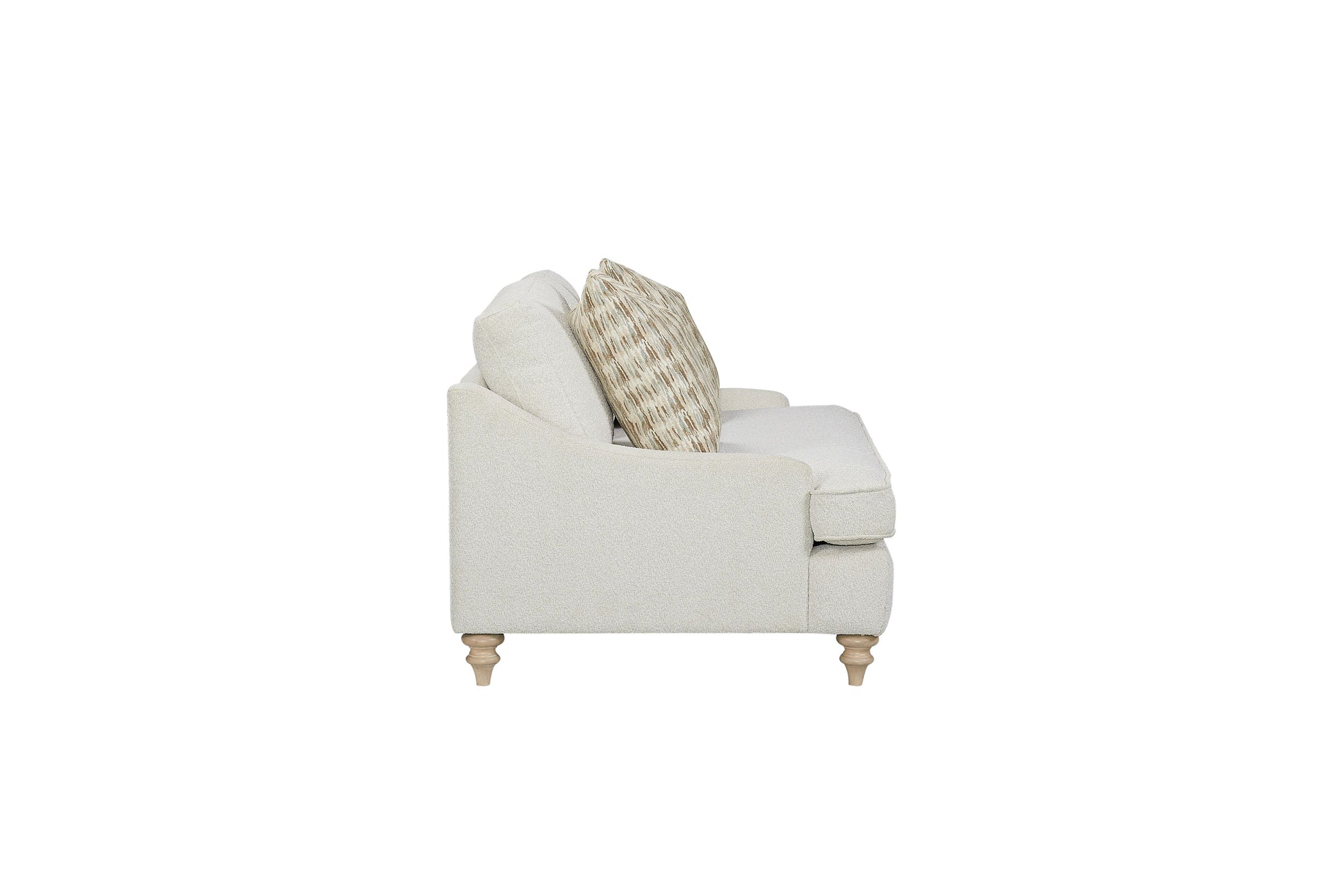 Beige textured fabric sofa with decorative throw pillow
