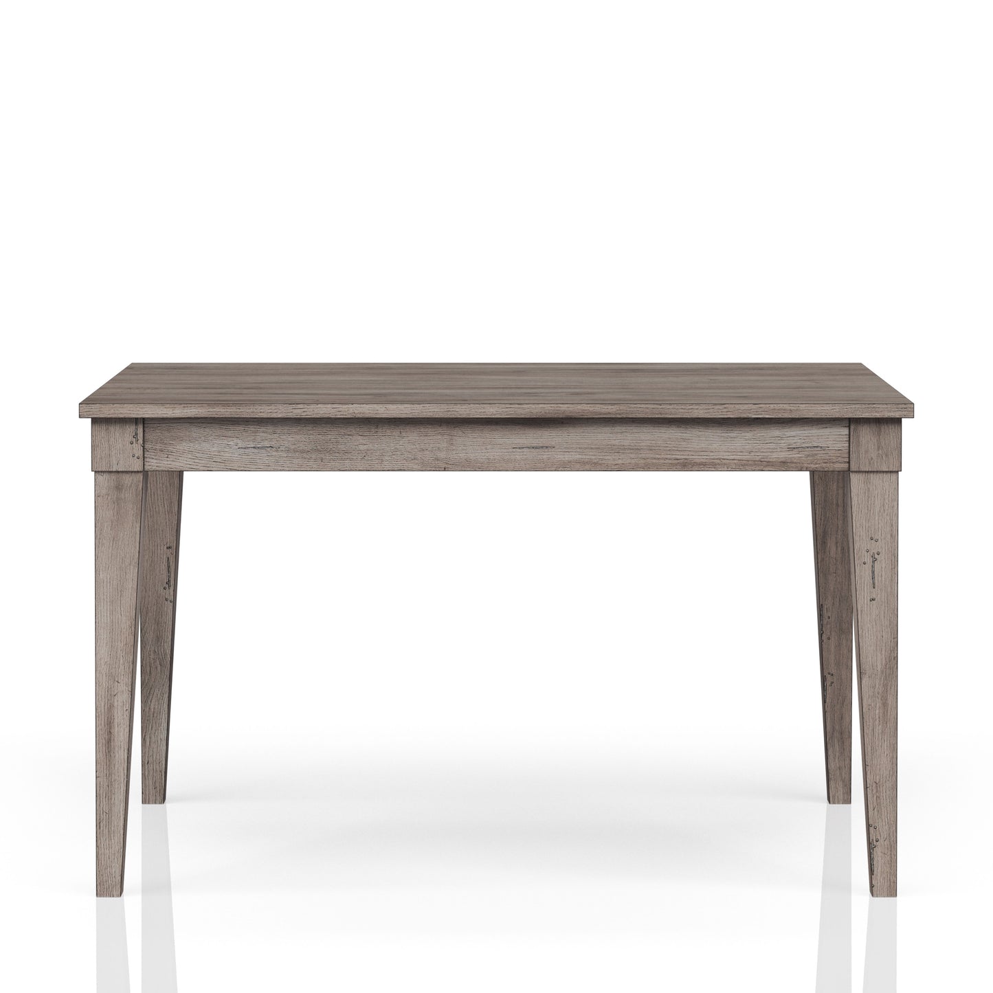 Rustic gray wood dining table with tapered legs ideal for farmhouse kitchens