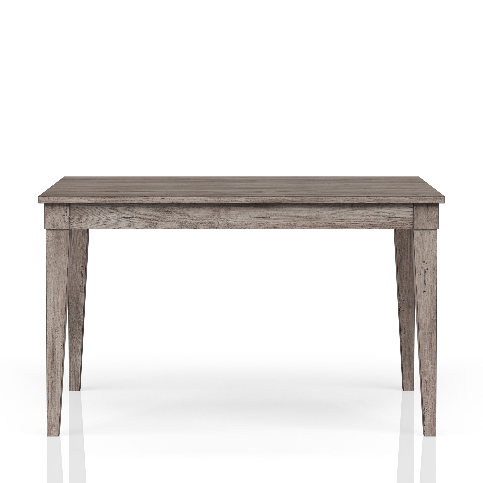 Rustic gray wood dining table with tapered legs ideal for farmhouse kitchens