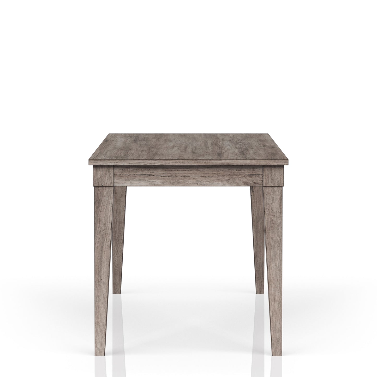 Rustic gray wood dining table with tapered legs and a natural grain finish