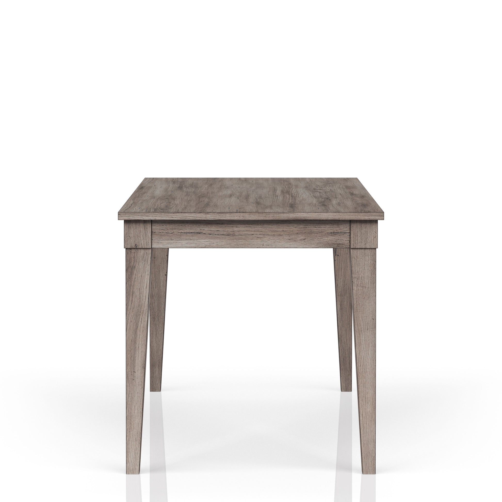 Rustic gray wood dining table with tapered legs and a natural grain finish