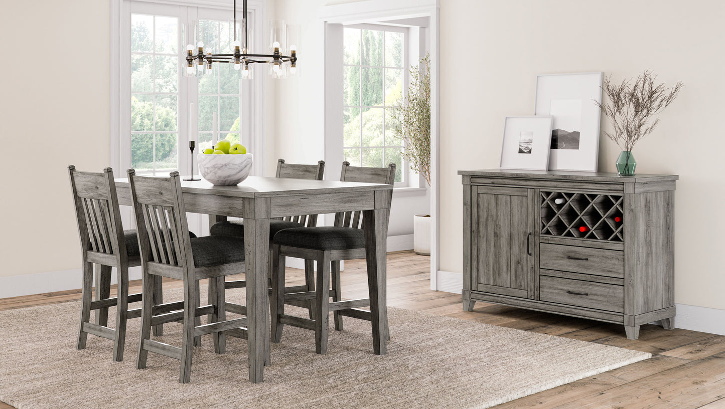 Rustic gray wood dining table with four upholstered chairs