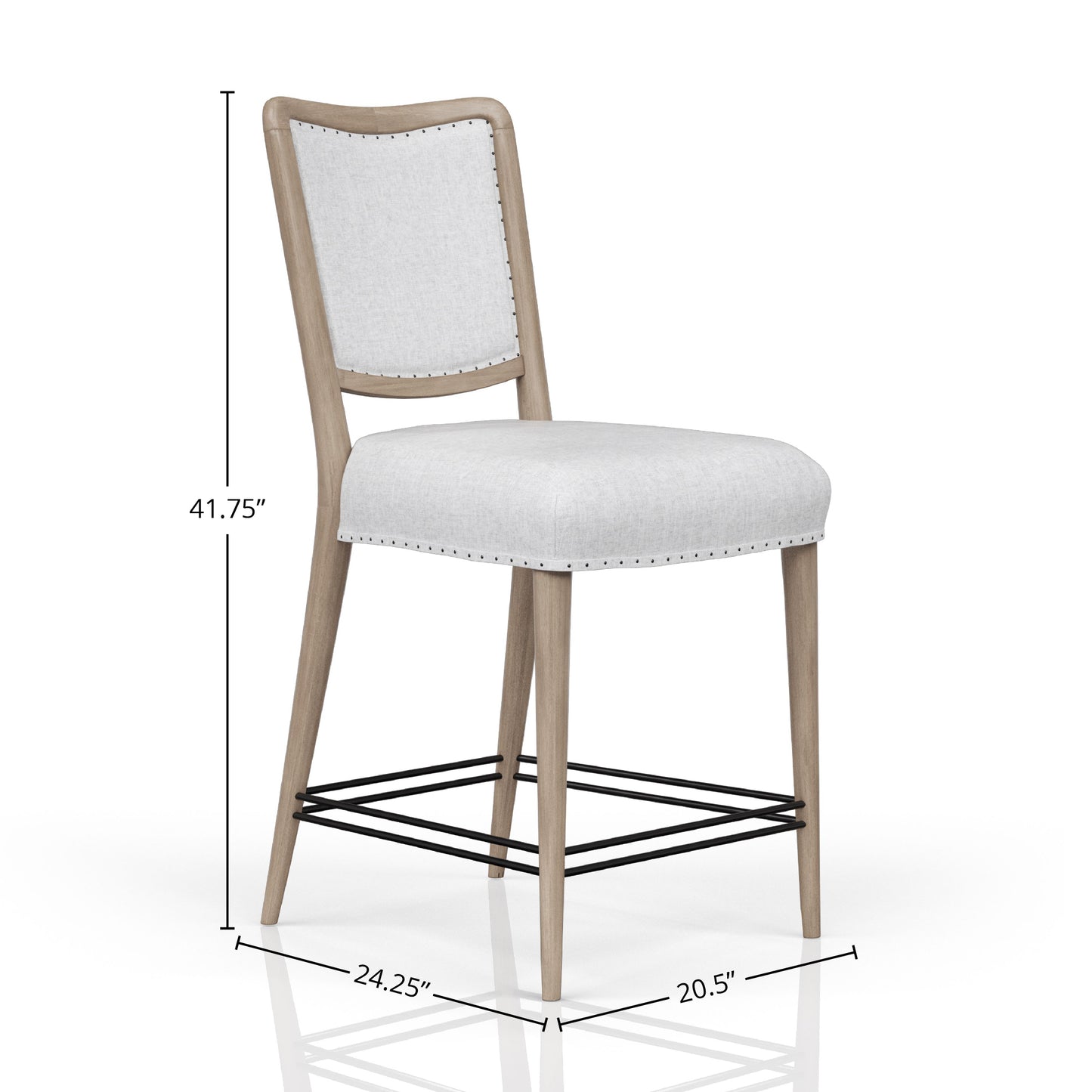 Natural wood counter stool with light gray upholstered seat and back