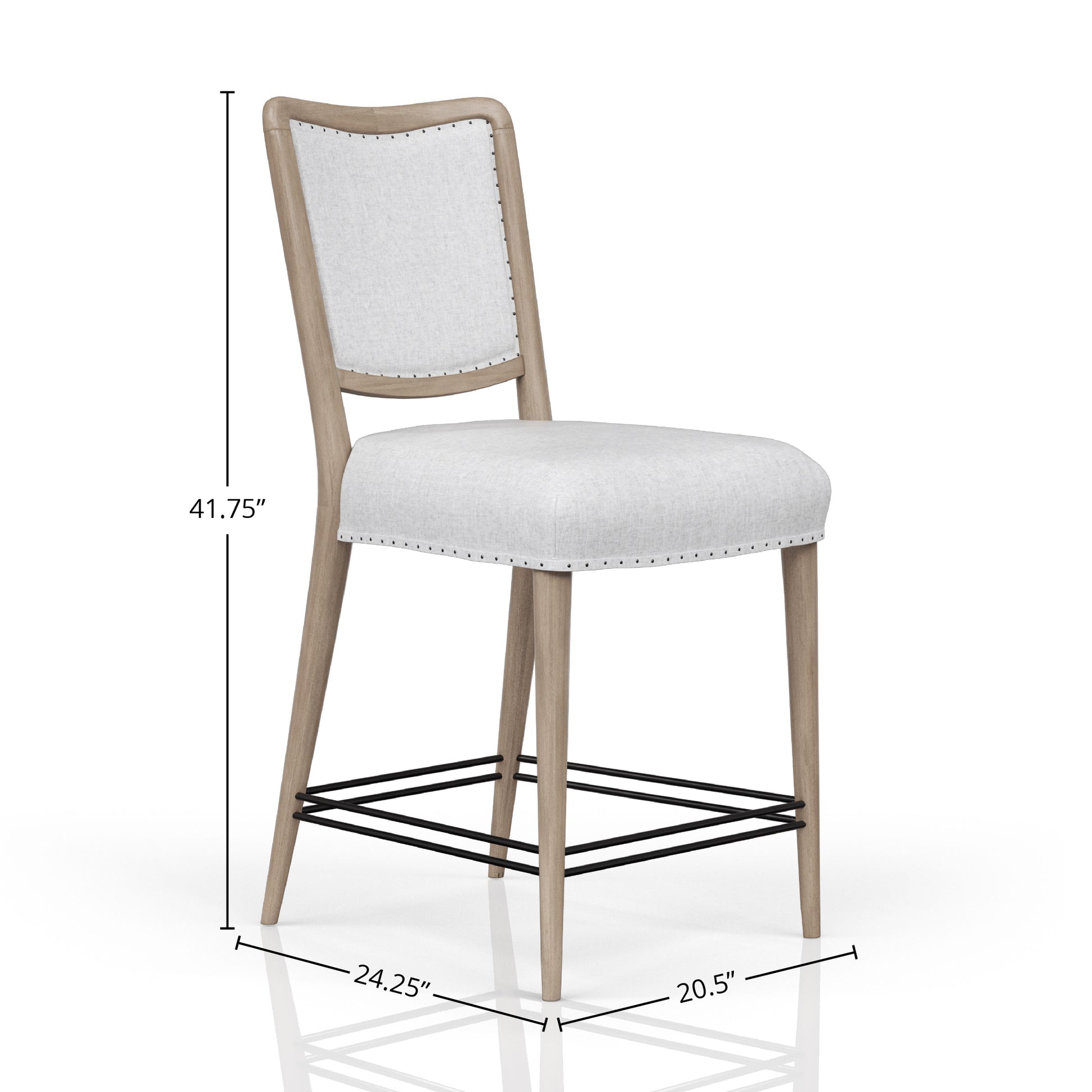 Natural wood counter stool with light gray upholstered seat and back