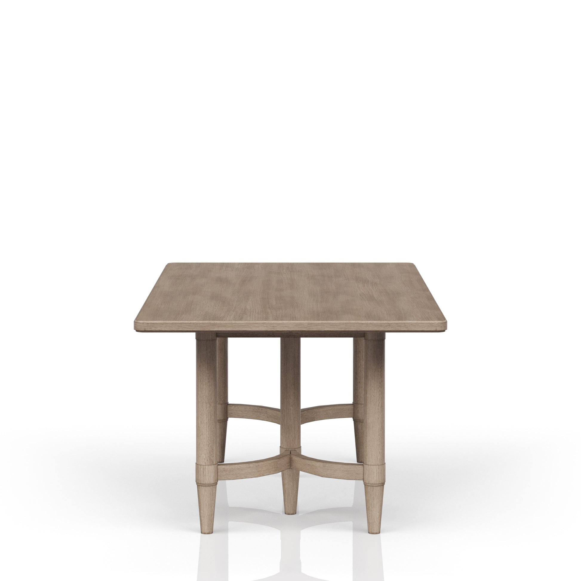 Square grey oak dining table with tapered legs and carved accents