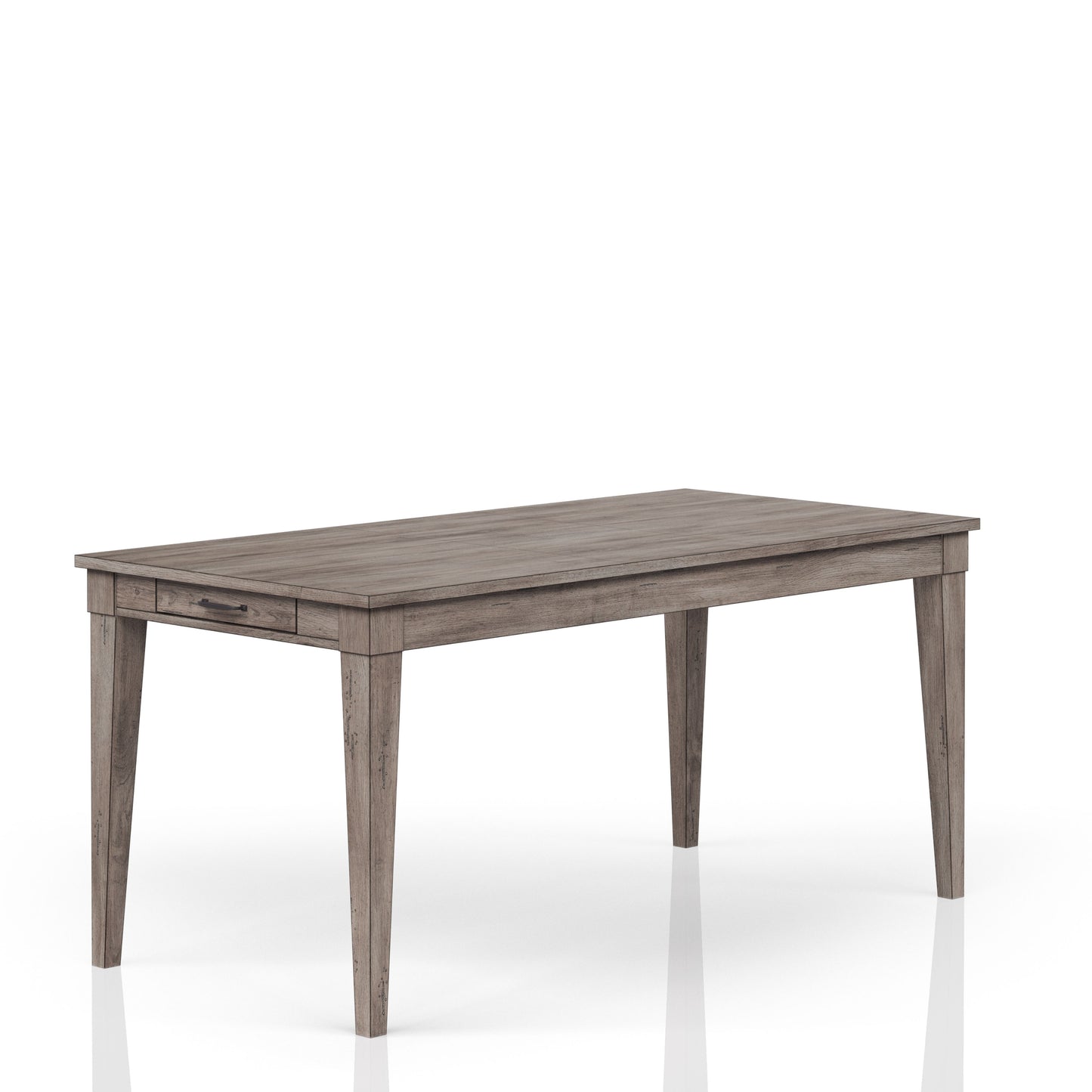 Rustic grey wood dining table with tapered legs and one drawer