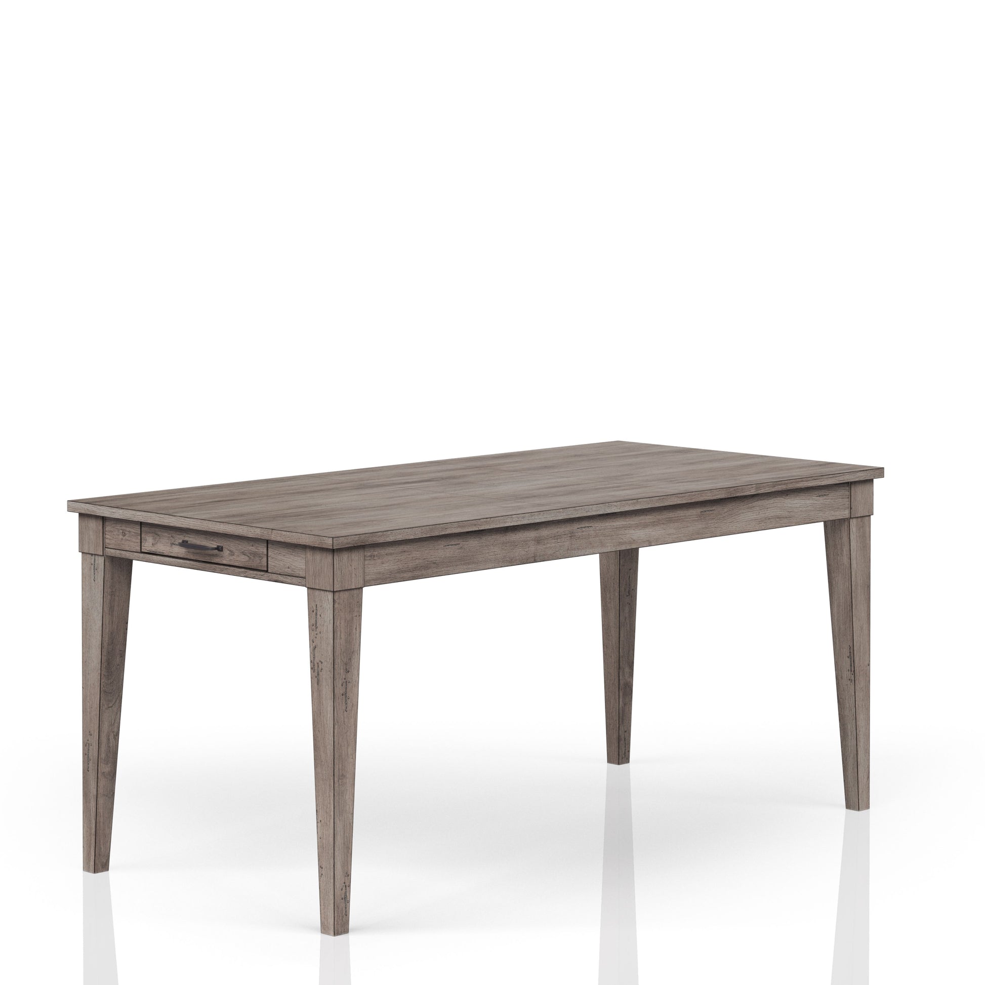Rustic grey wood dining table with tapered legs and one drawer