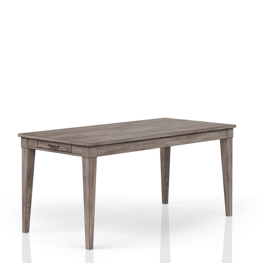 Rustic grey wood dining table with tapered legs and one drawer