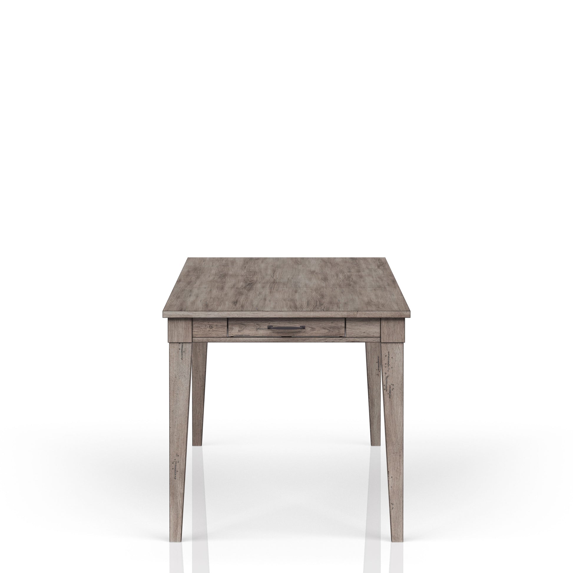 Rustic grey wood dining table with single drawer and dark metal pull