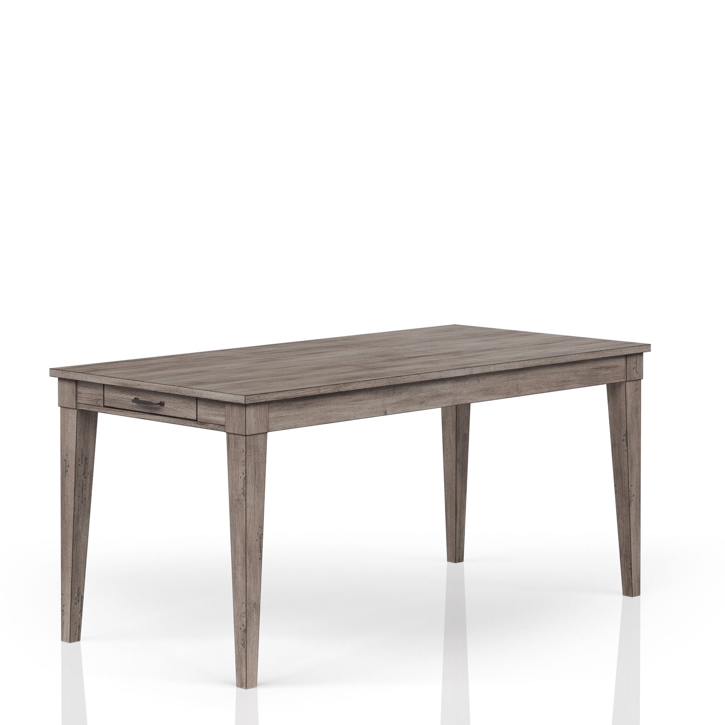 Gray wood dining table with one drawer and dark metal pull