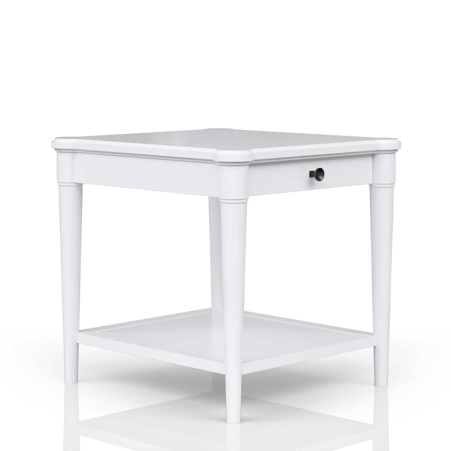 White wooden end table with drawer and lower shelf