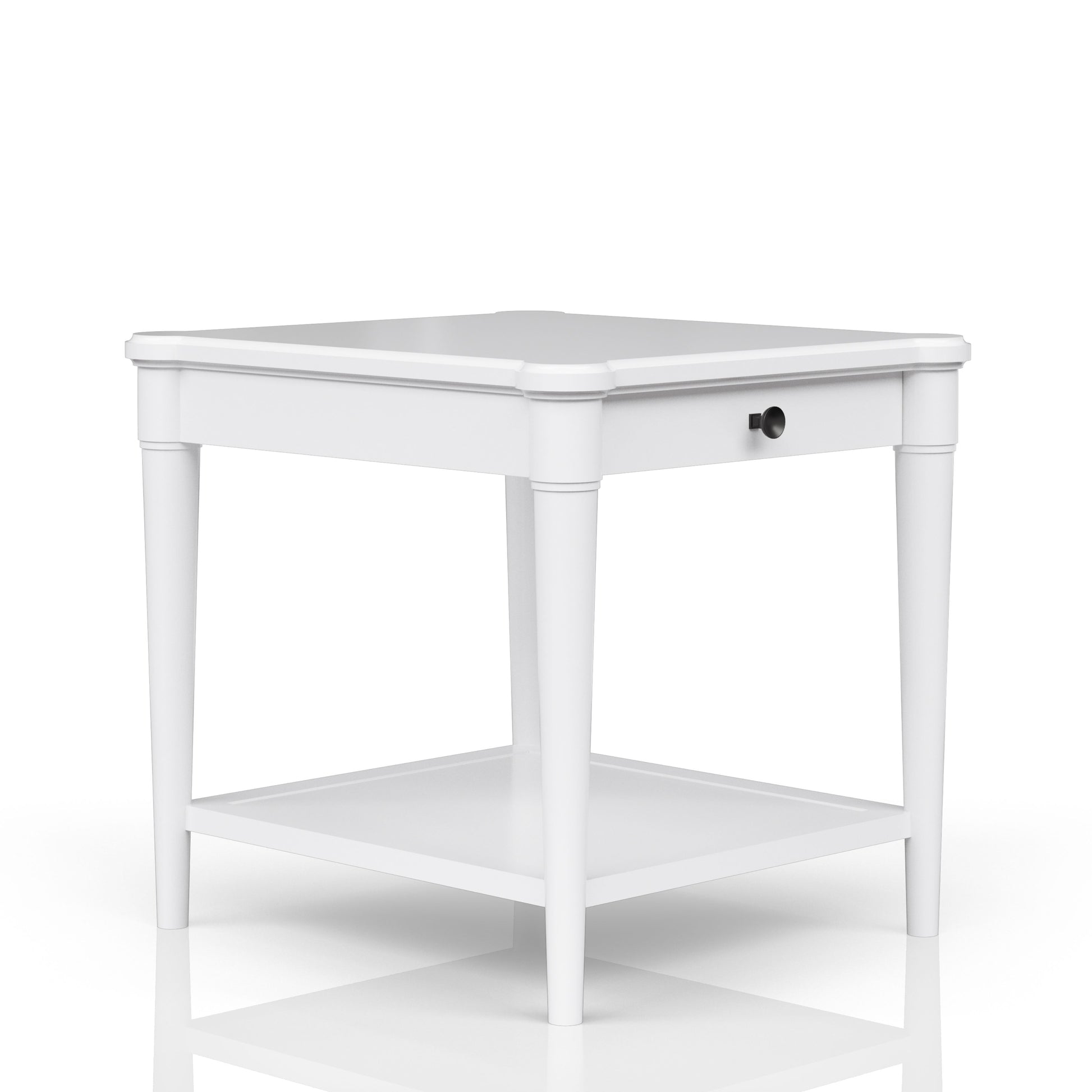 White wooden end table with drawer and lower shelf
