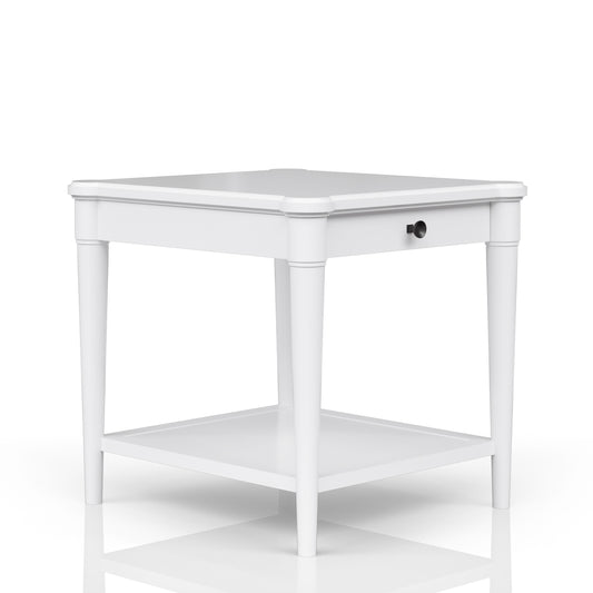 White wooden end table with drawer and lower shelf
