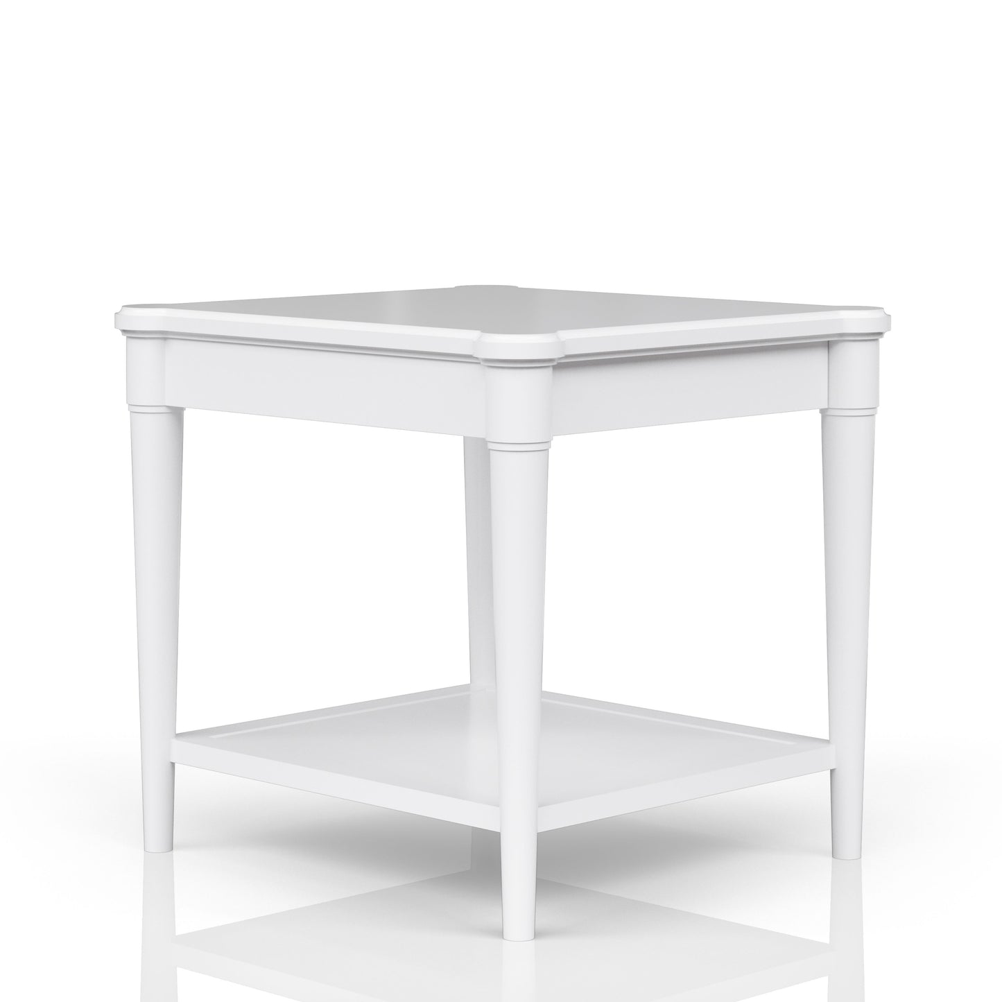 Classic white side table with lower shelf and tapered legs