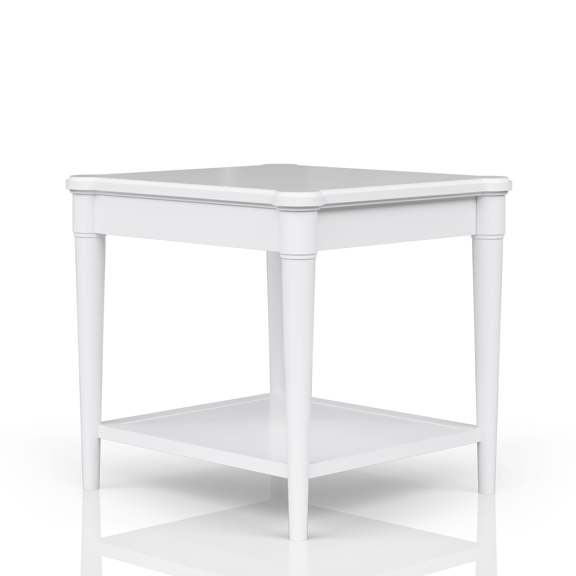 Classic white side table with lower shelf and tapered legs