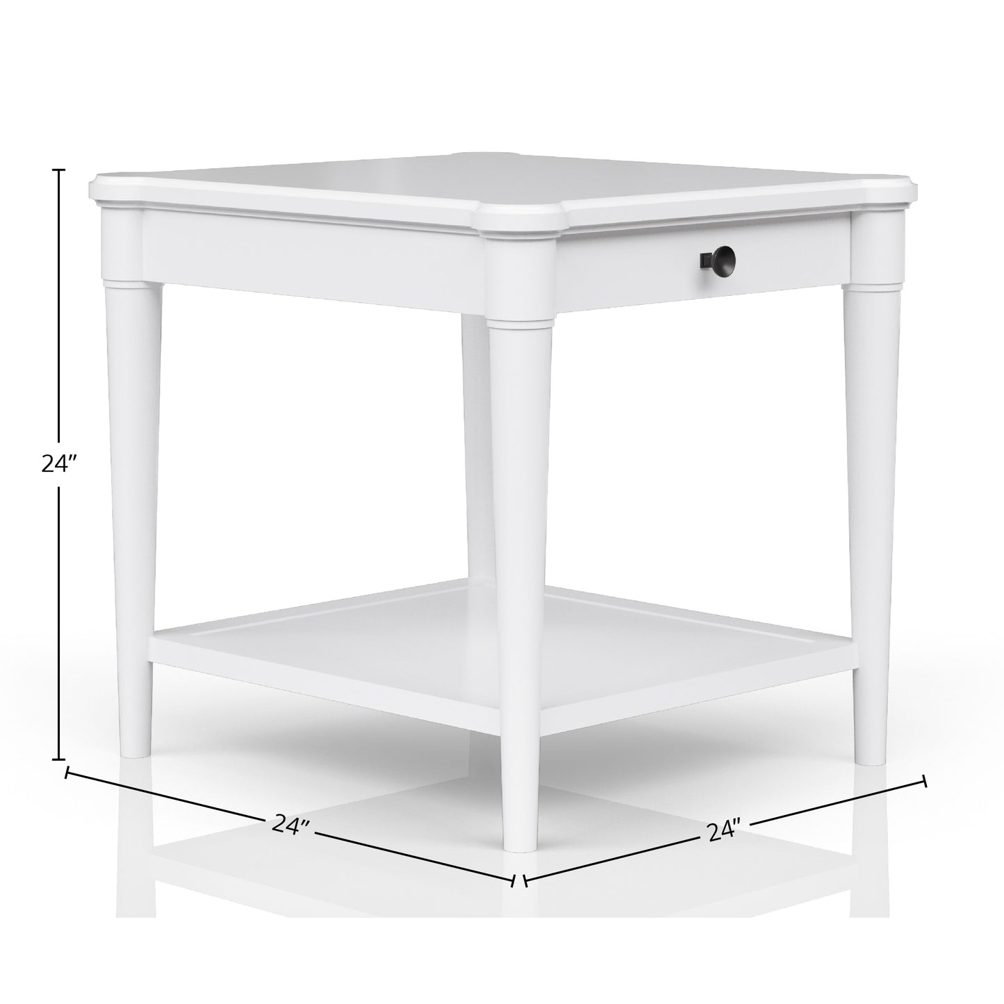 White square end table with one drawer and lower shelf xx inches