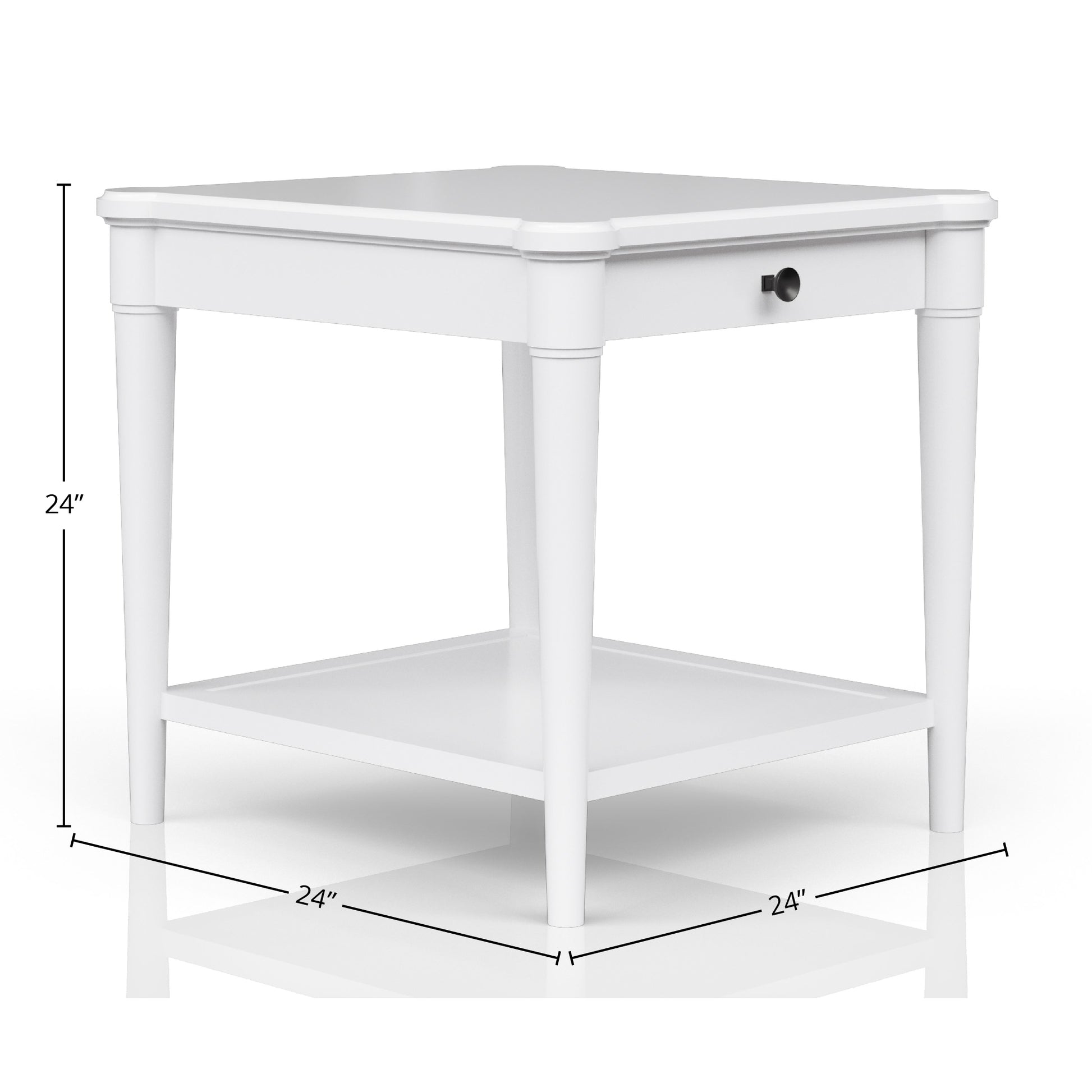 White square end table with one drawer and lower shelf xx inches