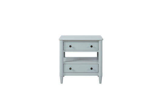 Light blue twodrawer nightstand with open shelf and dark knobs