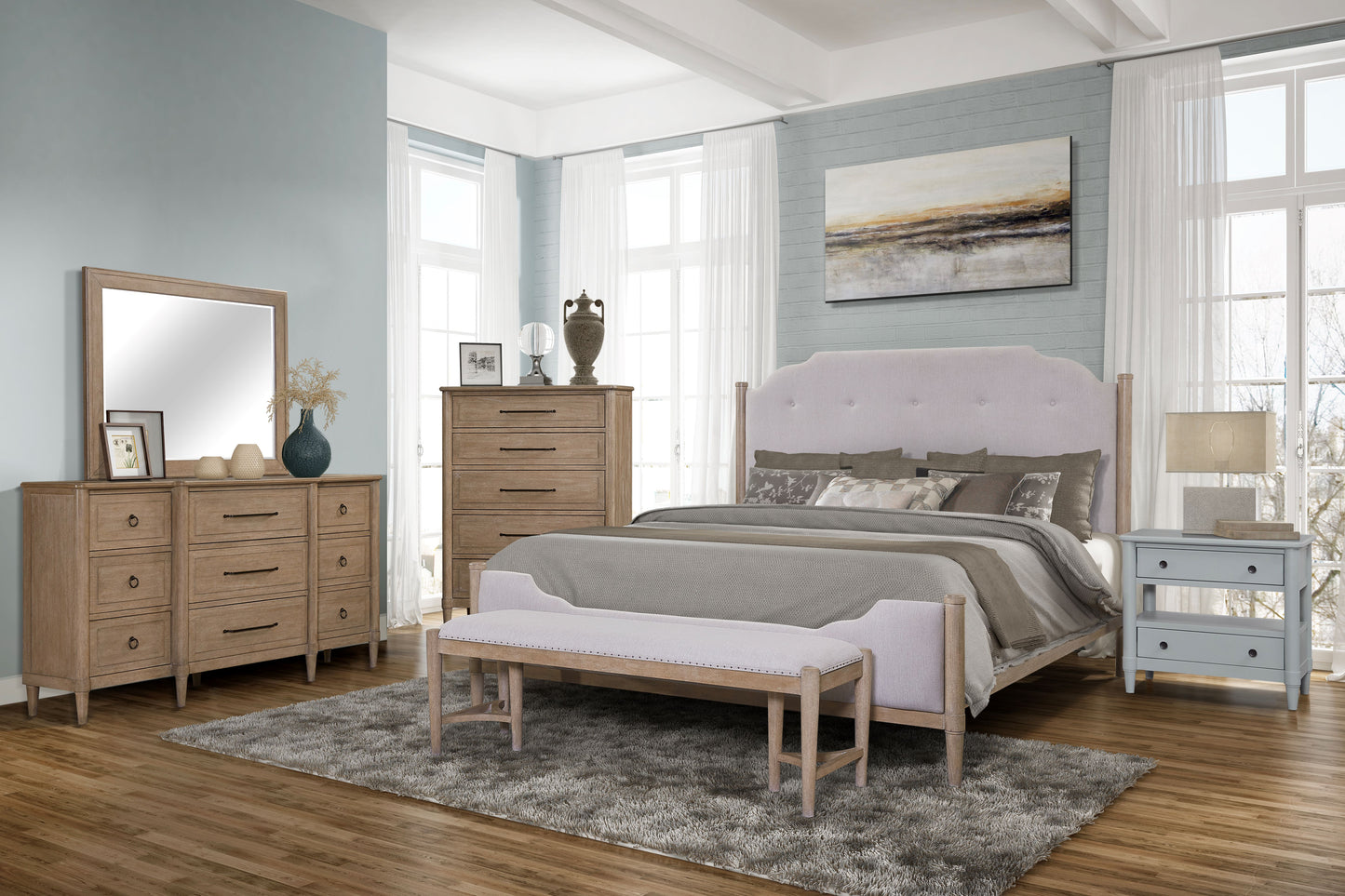 Tufted upholstered headboard king bed in light pink fabric with wood posts