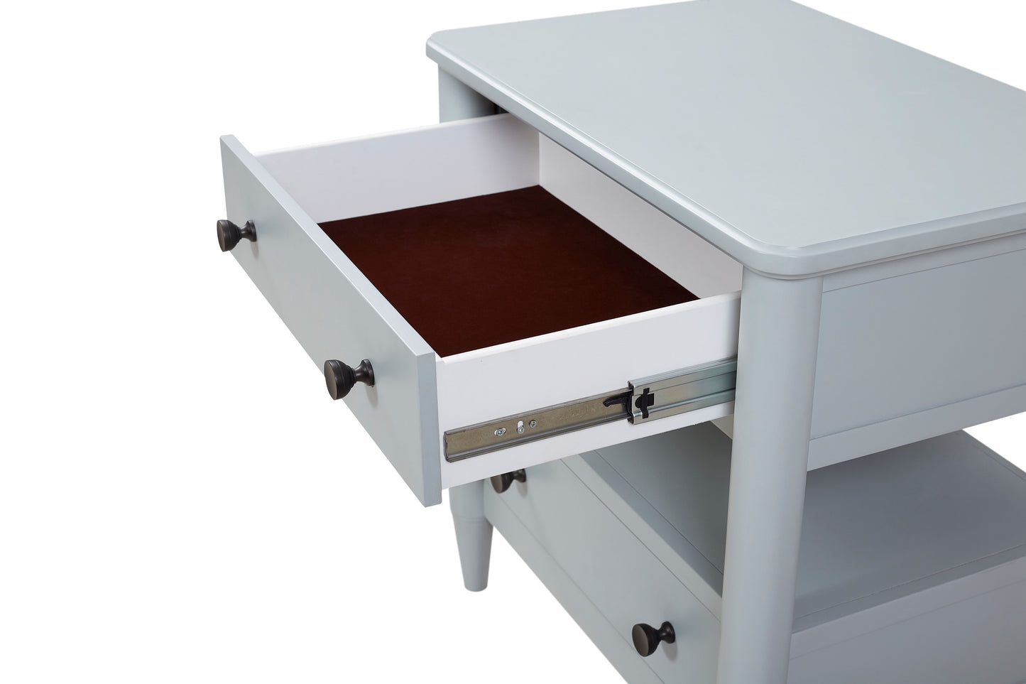 Light gray accent table with one open drawer and dark knob
