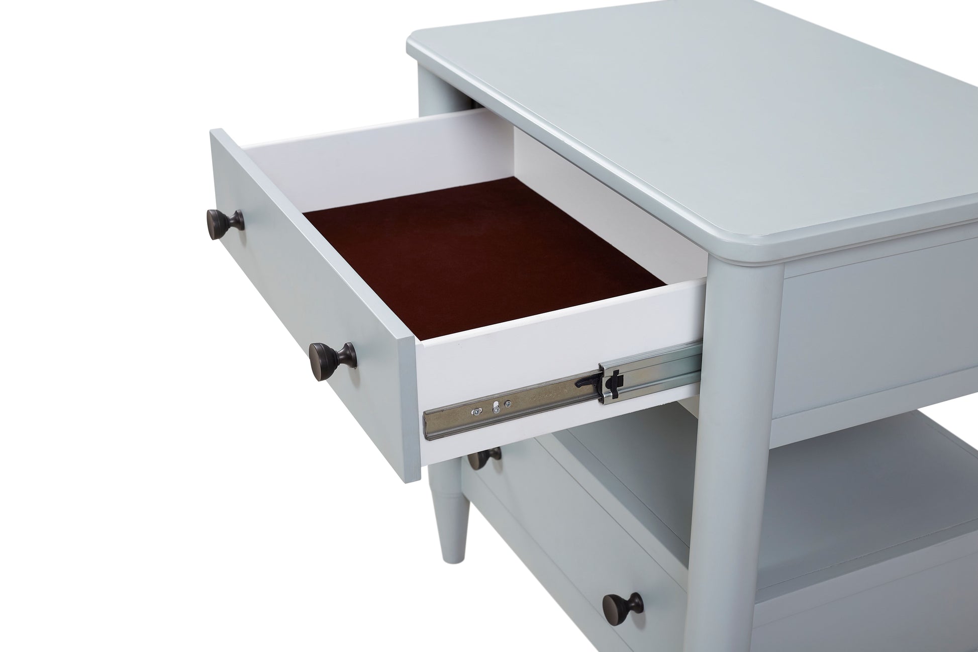 Light gray accent table with one open drawer and dark knob