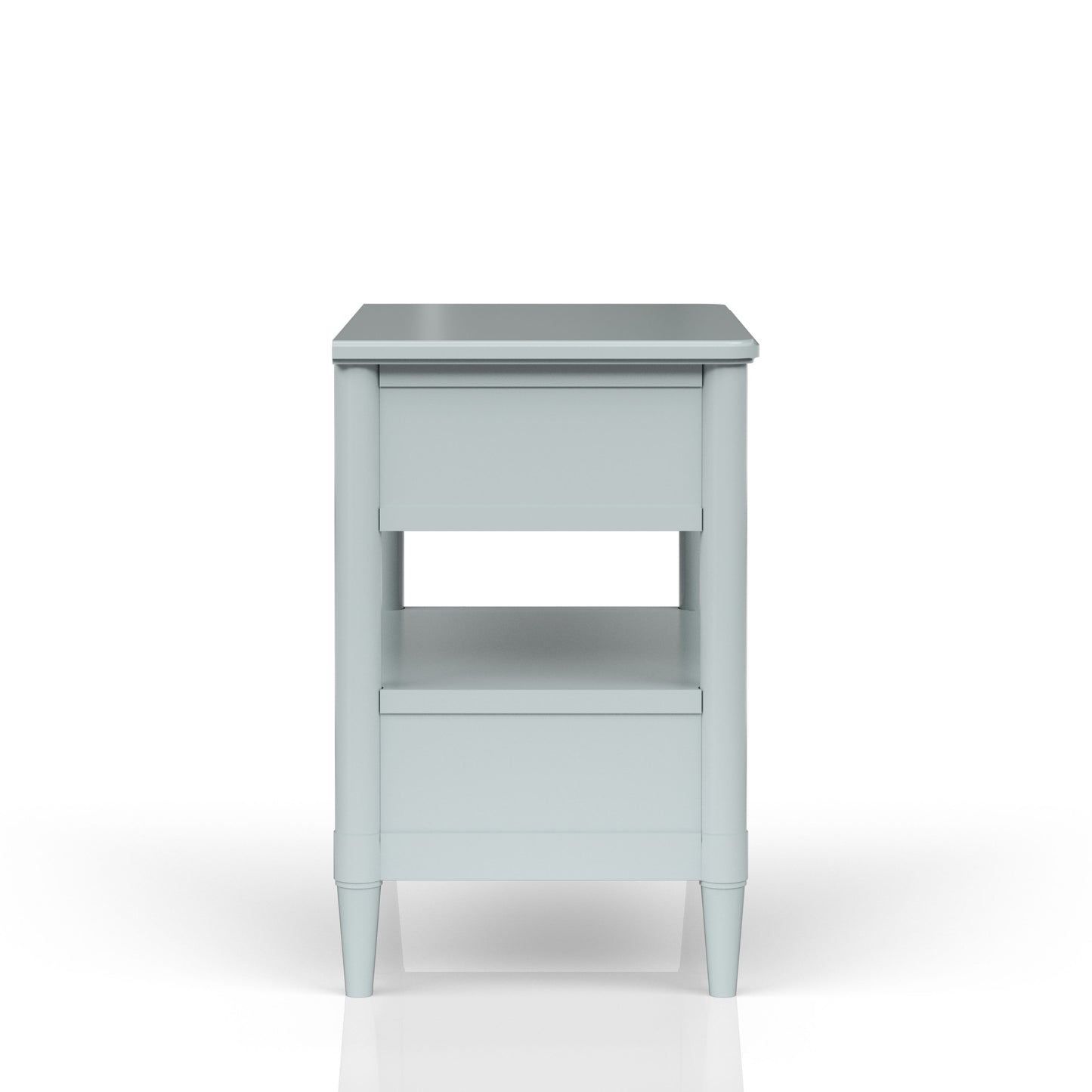 Light blue wooden nightstand with one drawer and an open shelf