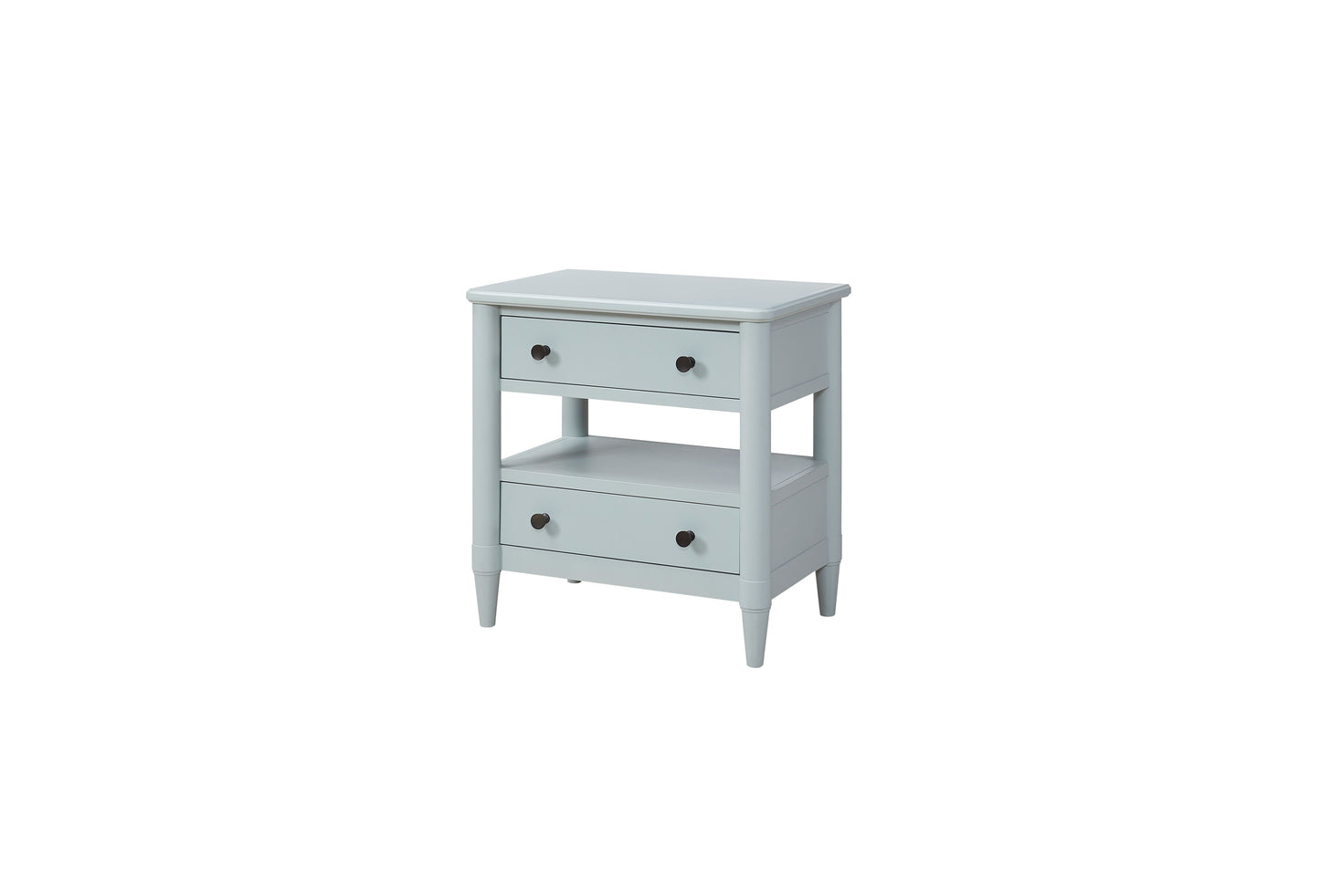 Light blue wooden nightstand with two drawers and an open shelf