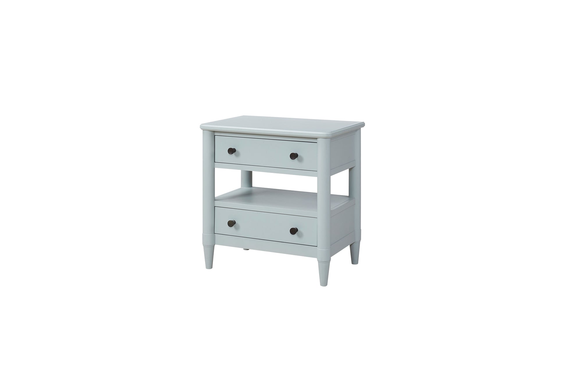 Light blue wooden nightstand with two drawers and an open shelf