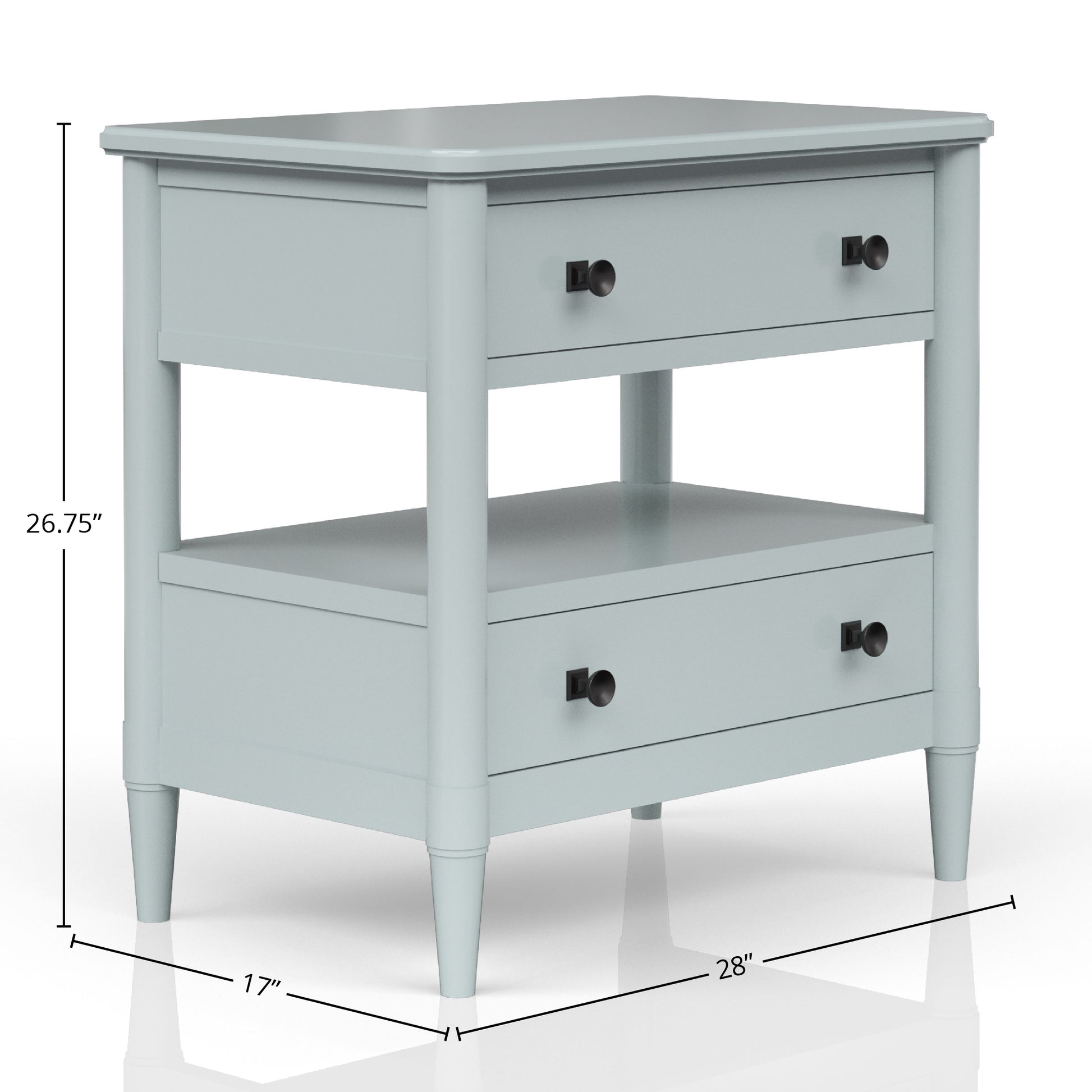 Light blue twodrawer end table with black knobs and tapered legs