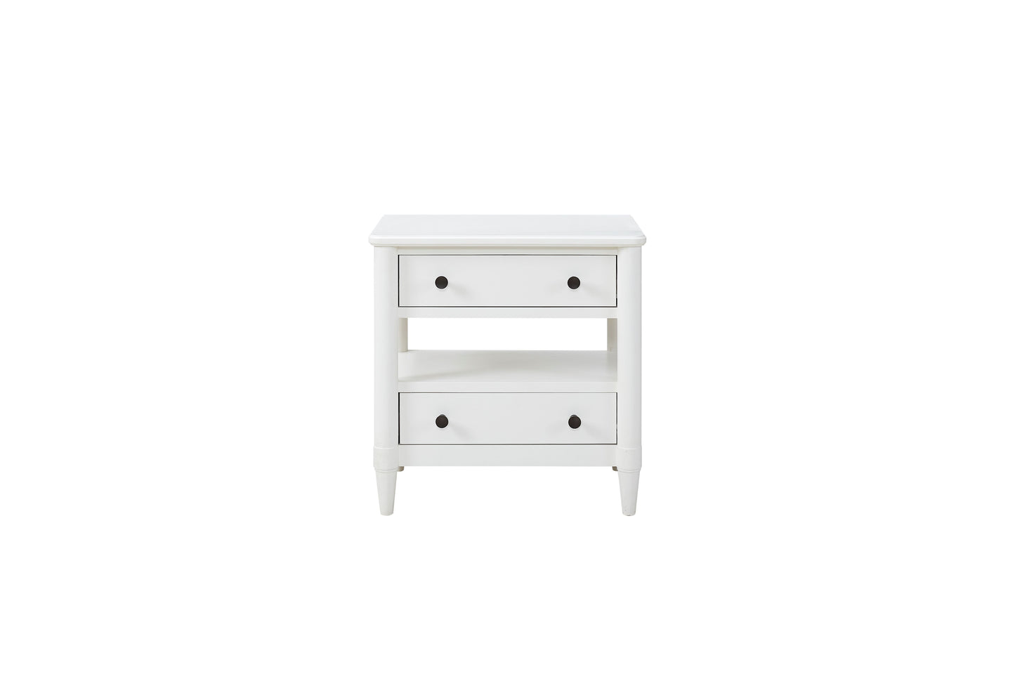 White wooden nightstand with two drawers and an open shelf